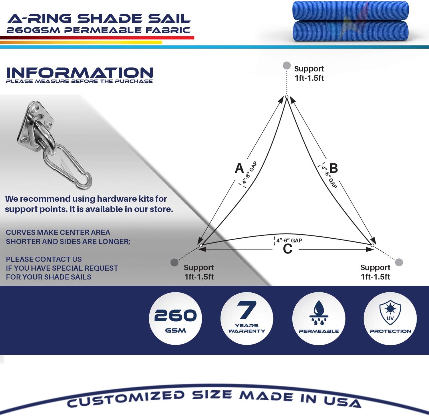 Windscreen4less 24' x 24' x 24' Sun Shade Sail with A-Ring Wire Rope Triangle Outdoor Shade Cover for Deck Backyard Patio Garden (Blue)