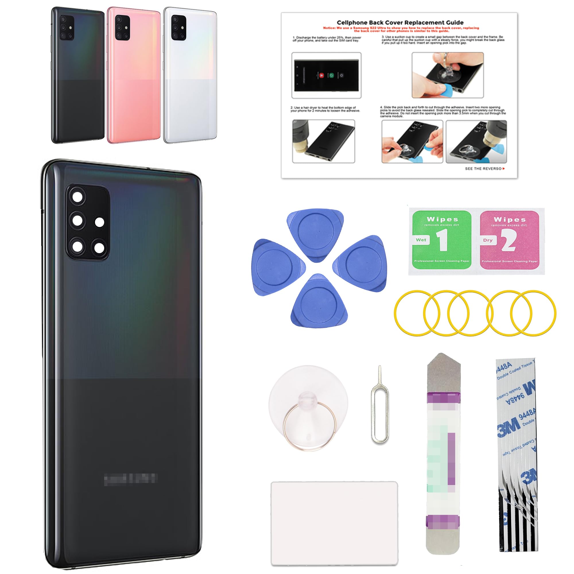 Compatible with Galaxy A51 5G Back Cover Replacement, Back Housing Door for A51 5G SM-A516 with Pre-installed Frame Sticker (Not for 4G Version), Repair Tools & Instruction, Prism Cube Black