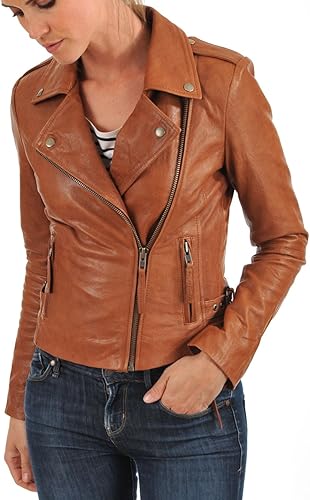 LEATHER FARM Chaqueta de motociclista de piel de cordero para mujer