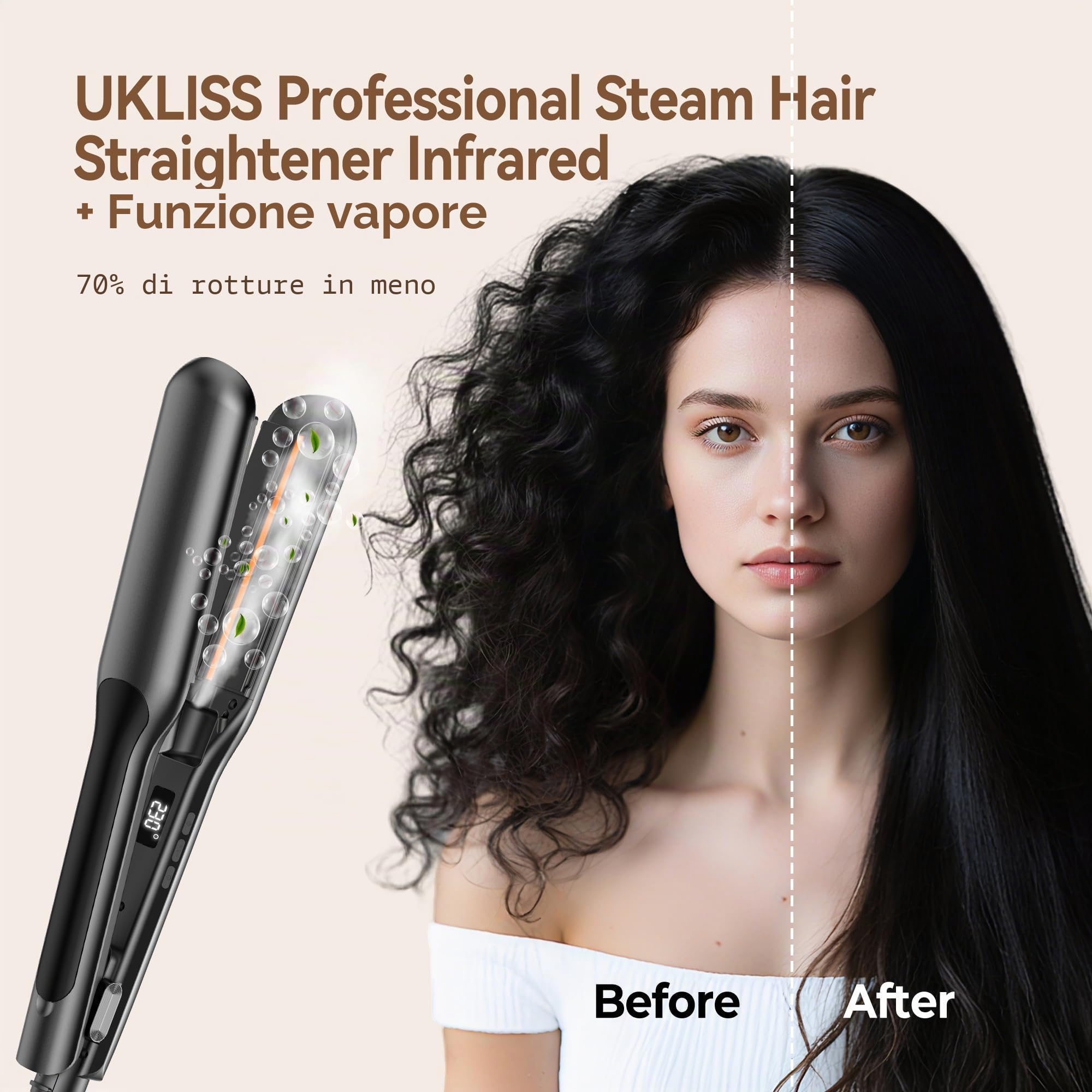 UKLISS Piastra lisciante a vapore larga con display LCD, piastra per capelli ultra lisci, regolazione della temperatura 100 – 230 °C, lisciatura estrema con protezione dei capelli