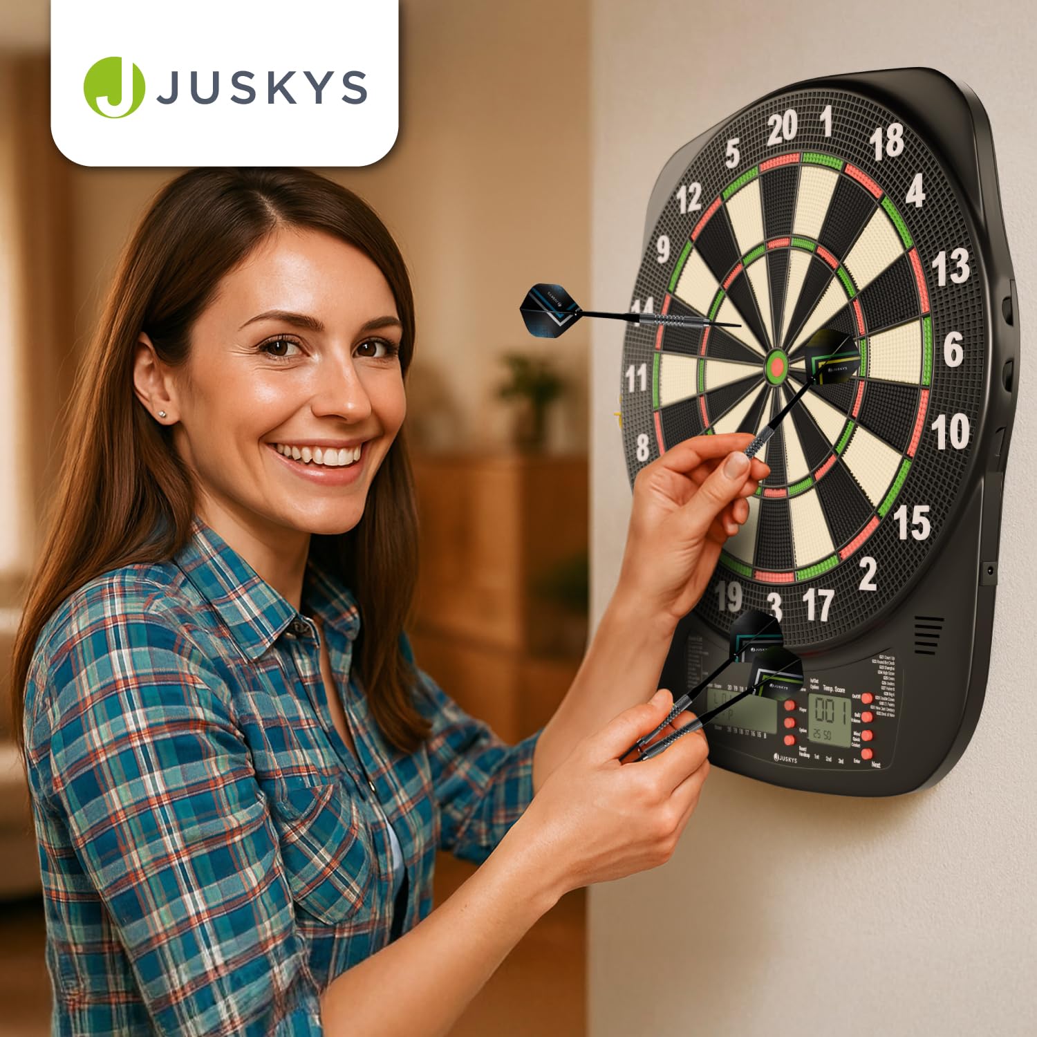 Juskys Elektronische Dartscheibe mit 32 Spielen & 359 Varianten, LCD-Display, USB-C, Pfeile & Zubehör, für bis zu 8 Spieler, Netz- & Batteriebetrieb