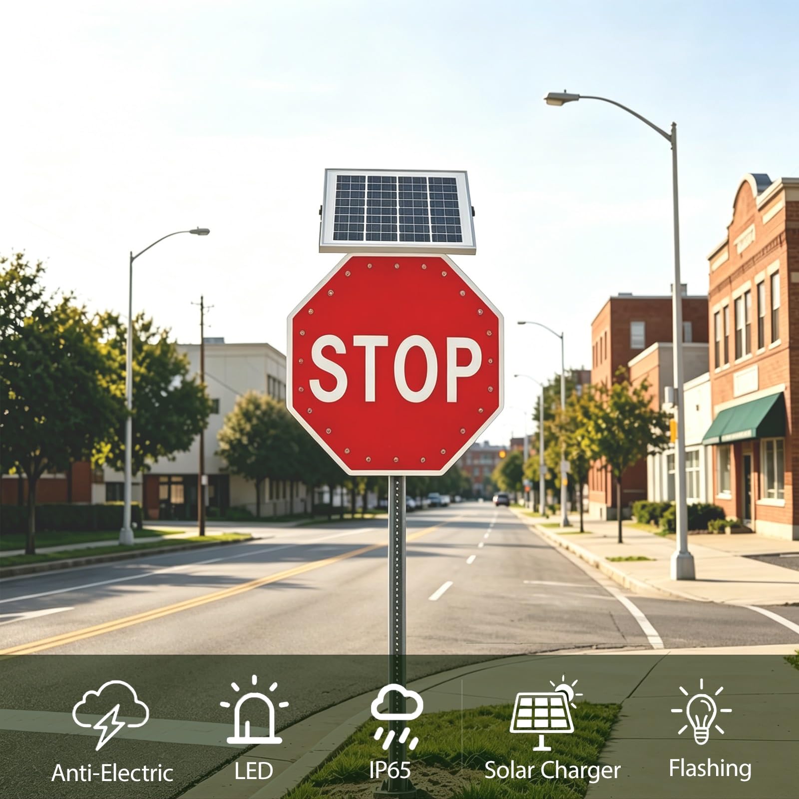 Señal de Tráfico Solar Octogonal, Cartel Reflectante con Energía Solar, Visibilidad 500 m, Marco en Aluminio, para Vías Rurales, Cruces Viales y Zonas Industriales(24")