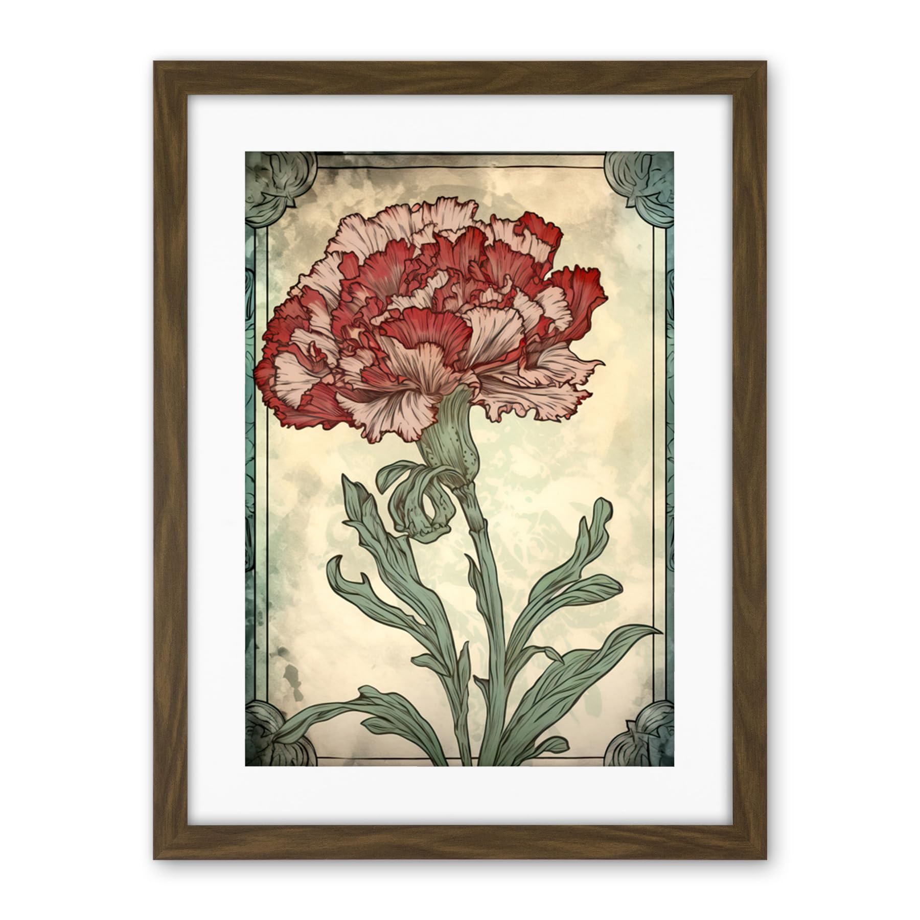 Artery8 Red Carnation Flower Bloom Watercolour Art Nouveau Artwork Framed Wall Art Print 18X24 Inch