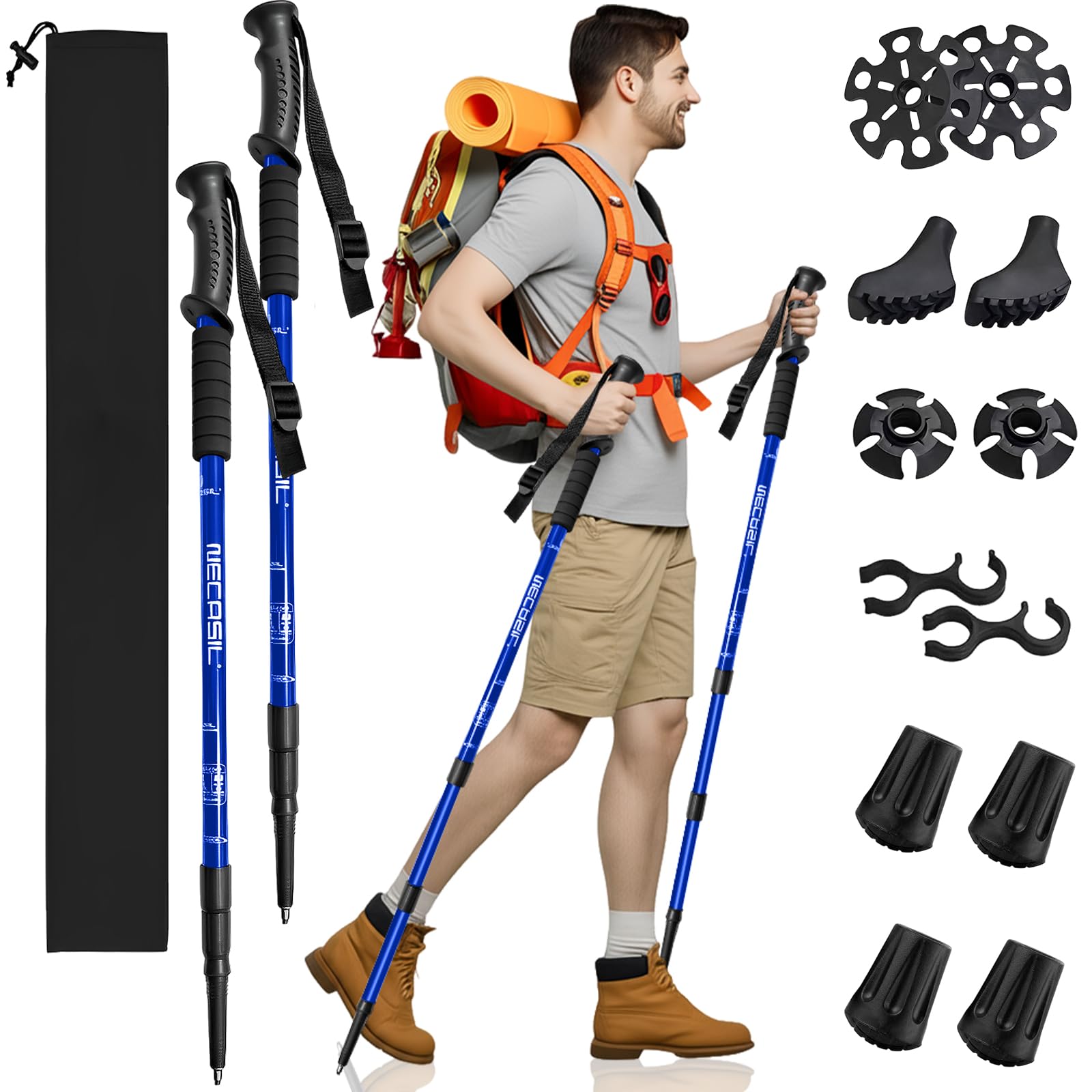 Sebami Bastones Senderismo, Juego de 2 Baston Trekking Retractil Ajustables 135cm con Accesorios Todoterreno, Baston Trekking Plegables para Montañismo, Caminatas, Esquí, Escalar (Azul)