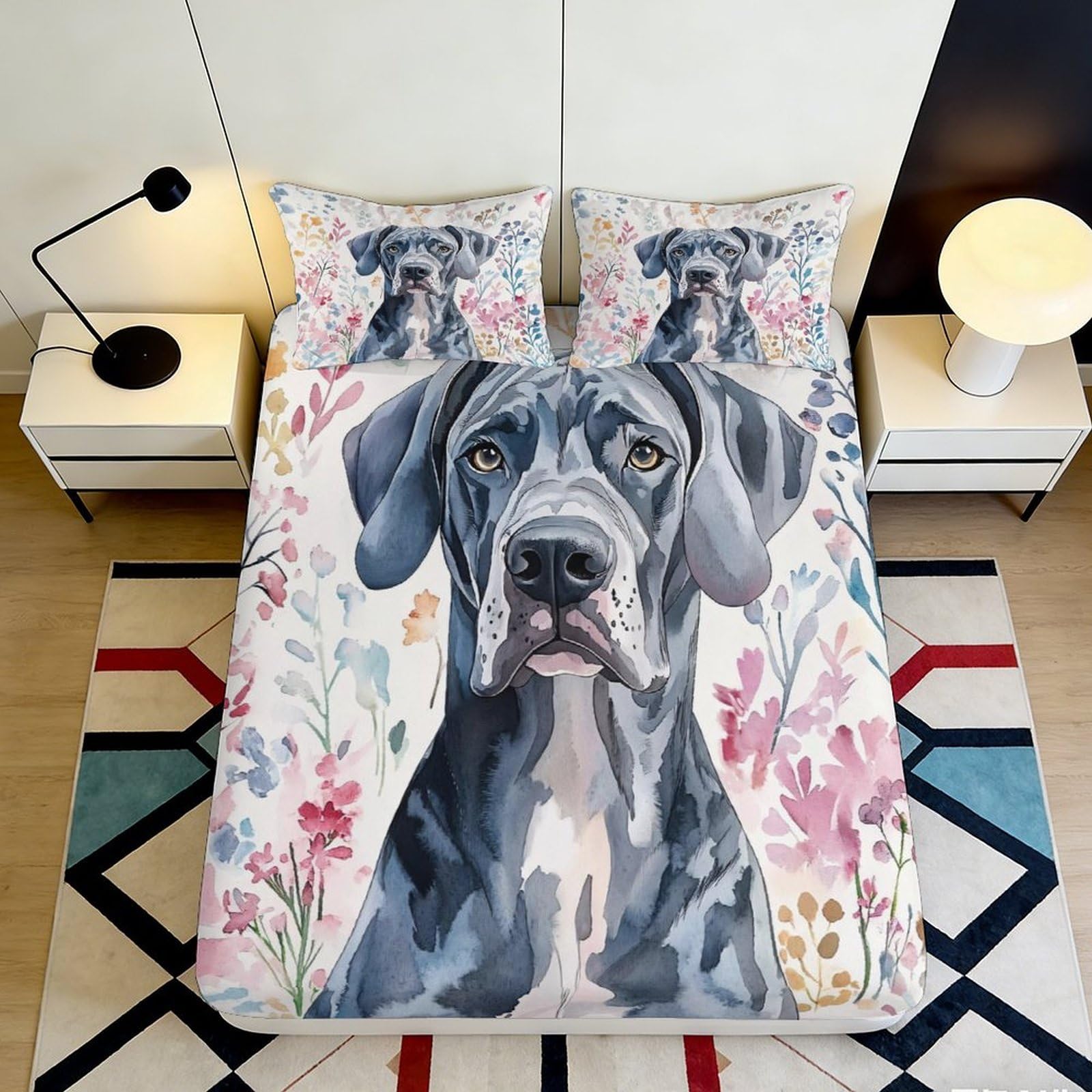 3D Printed Great Dane Dog Fitted Sheet Microfiber Floral Mattress Cover Non Slip Easy Care for Bedroom Guest Room Decor 160x200x25cm
