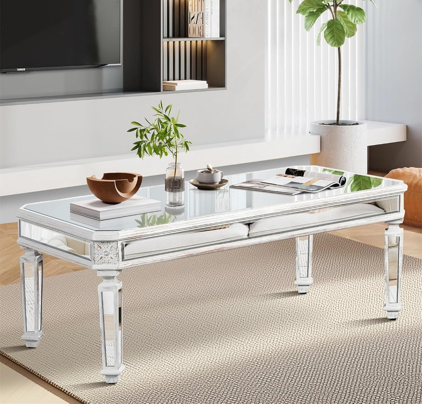 SSLine Rectangle Mirrored Coffee Table 48 inches Luxury Center Table with Vintage Carved Frame and Legs Silver Mirror Finish Coffee Table Modern Home Decor for Living Room Bedroom