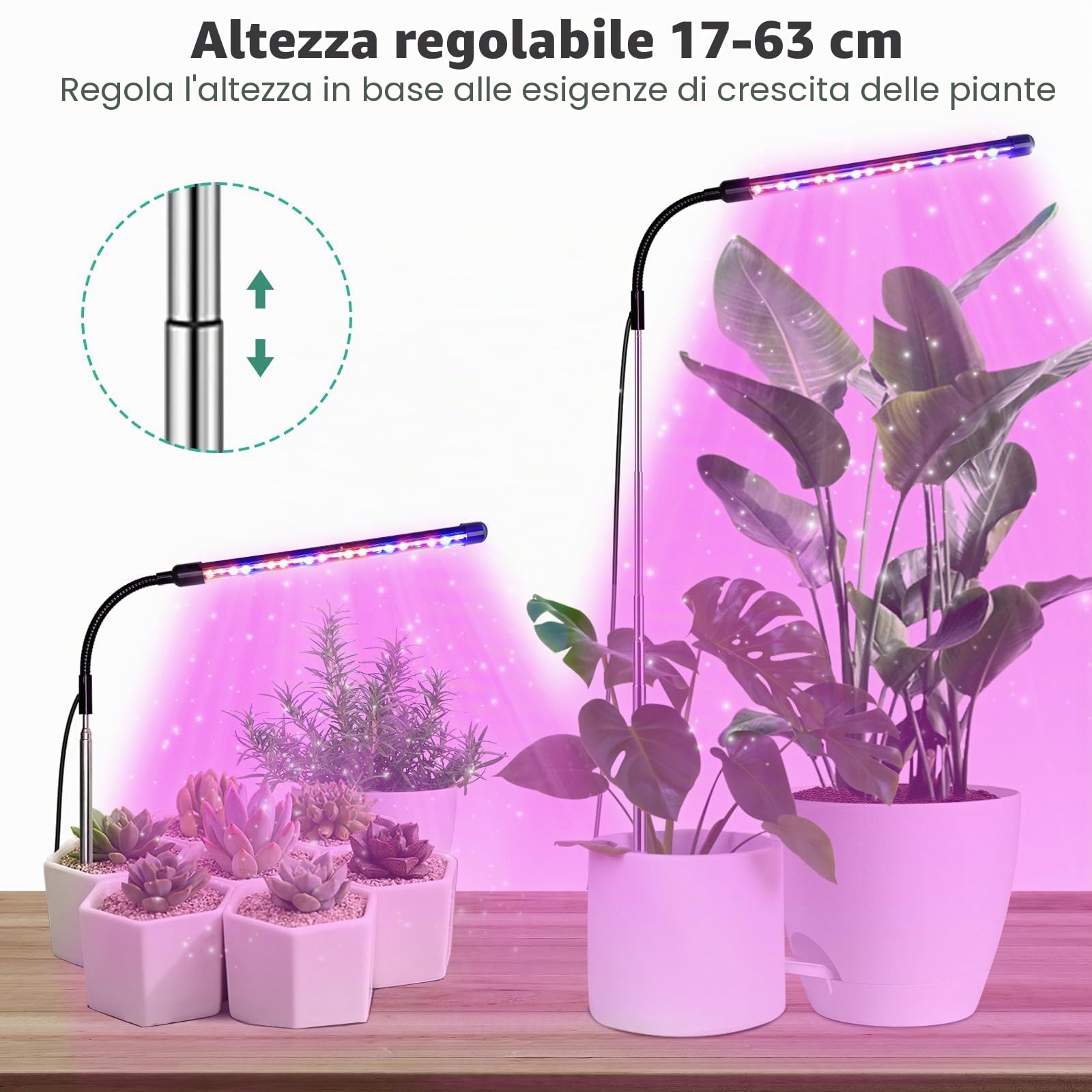 Luce per Piante, Lampada per Piante a Spettro Completo Regolabile in Altezza con Timer 3/9/12 Ore, Lampada per Piante con Adattatore, 10 Luminosità, 3 Modalità, Ideale per Piccole Piante