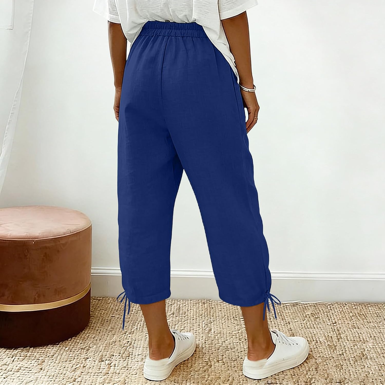 Capri Pants for Women Elastic Waisted Drawstring Pants Summer Casual Loose Wide Leg Cropped Pant with Pocket