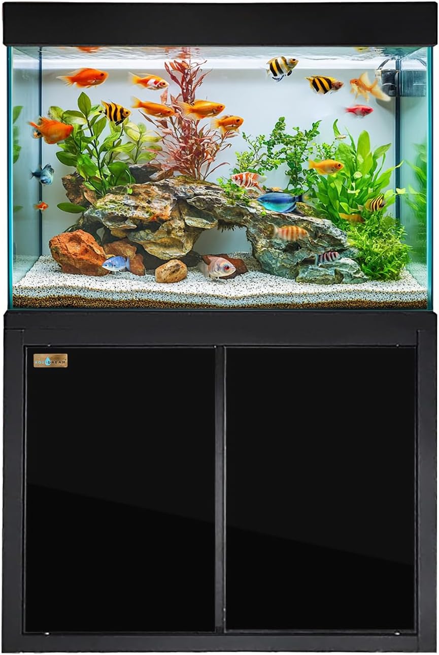 Aqua Dream 100 Gallon Fish Tank Aquarium with Stand & Sump Filter - Ultra-Clear Glass, Cabinet, 86-Gallon Display, 920 GPH Pump, LED Light, Freshwater Aquarium & Reef-Ready - Black