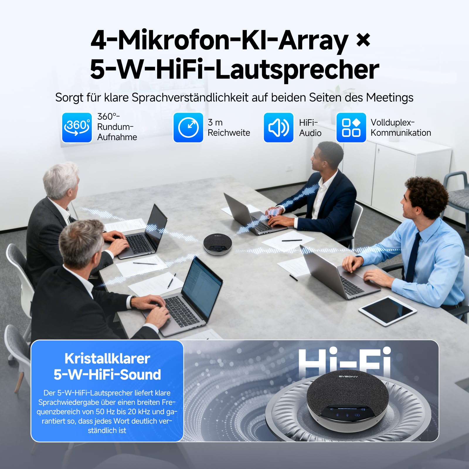 SVBONY SVN O1 Zweikanal-Funk Conference Microphone für 2-6 Personen | mit 3A+KI-Geräuschunterdrückung, 4 Mikrofonen für 360°-Sprachaufnahme, 3 Plug-&-Play-Anschlüsse für Kleine Büros