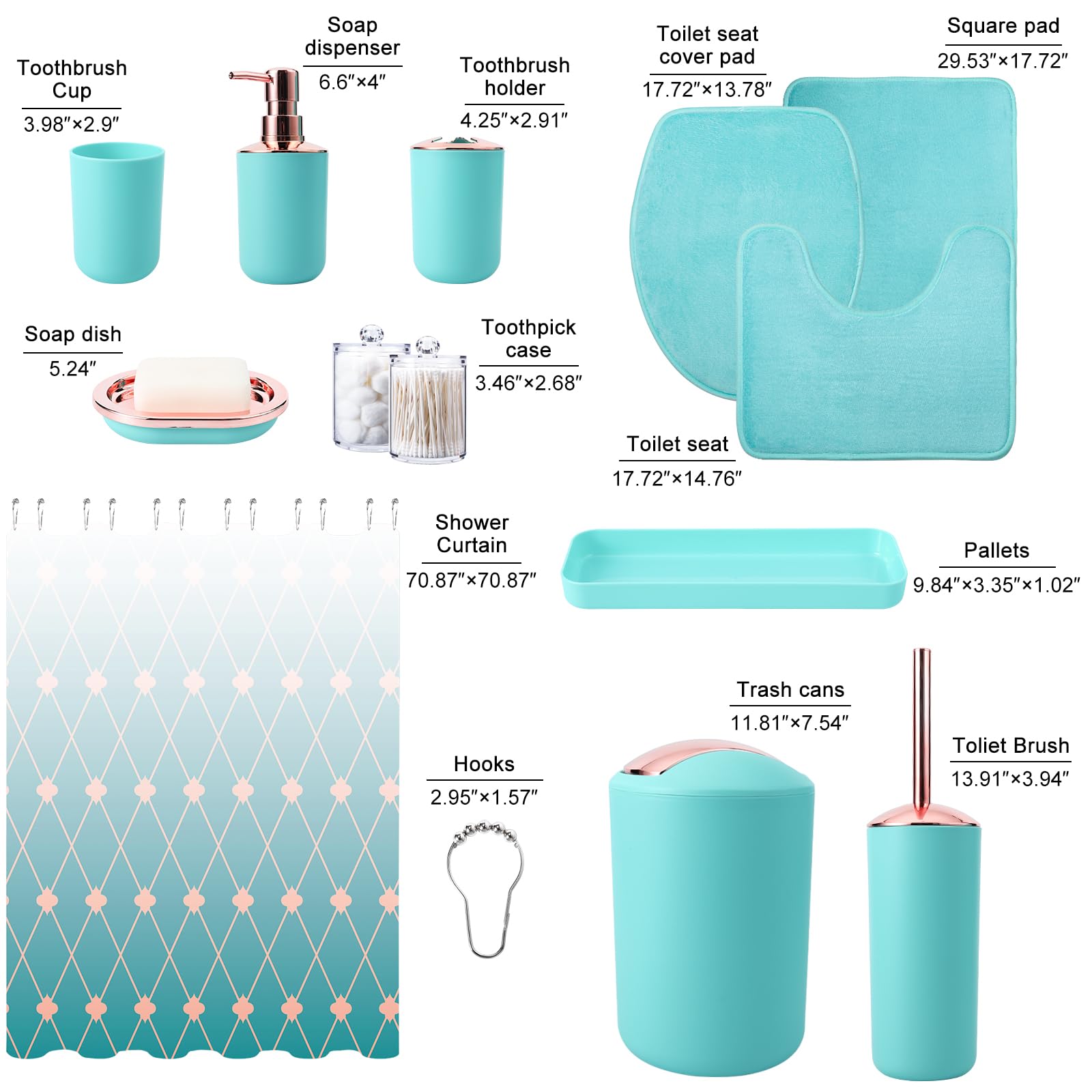 Complete 25 Pcs Teal Bathroom Set Accessories with Shower Curtain and Rugs - Trash Can, Lotion Dispenser, Soap Dish, Toilet Brush, Toothbrush Holder, Tumbler Cup, Tray, Q-Tip Canisters, Hooks