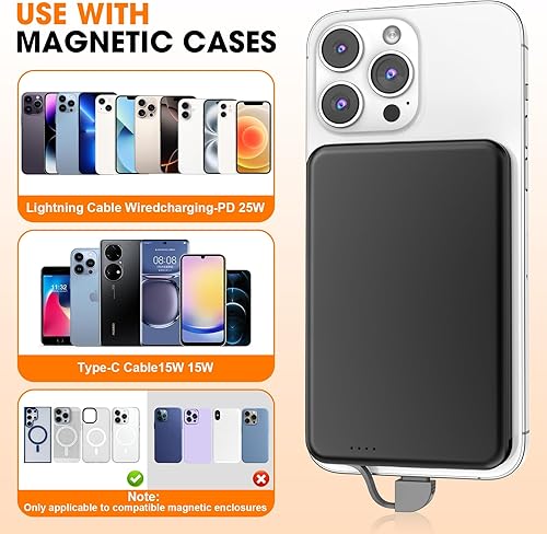 Miniatura 6 de Cargador portátil MagSafe, banco de energía magnético ultra delgado de 0.3 pulgadas de 5000 mAh, batería de carga rápida PD de 25 W con cable