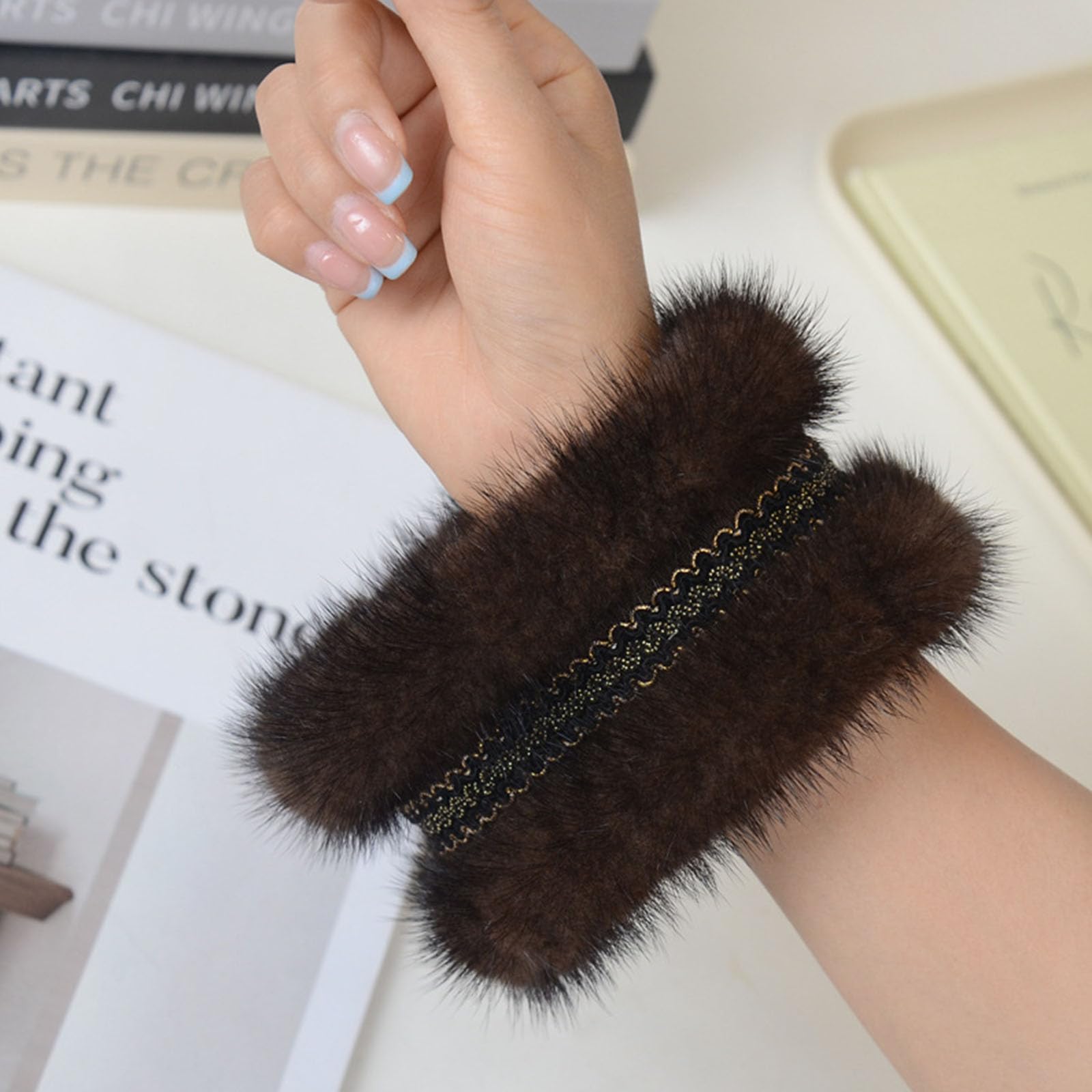 2 Bracelets en Vison Doux, Pochette Amovible, Brown Golden Lace