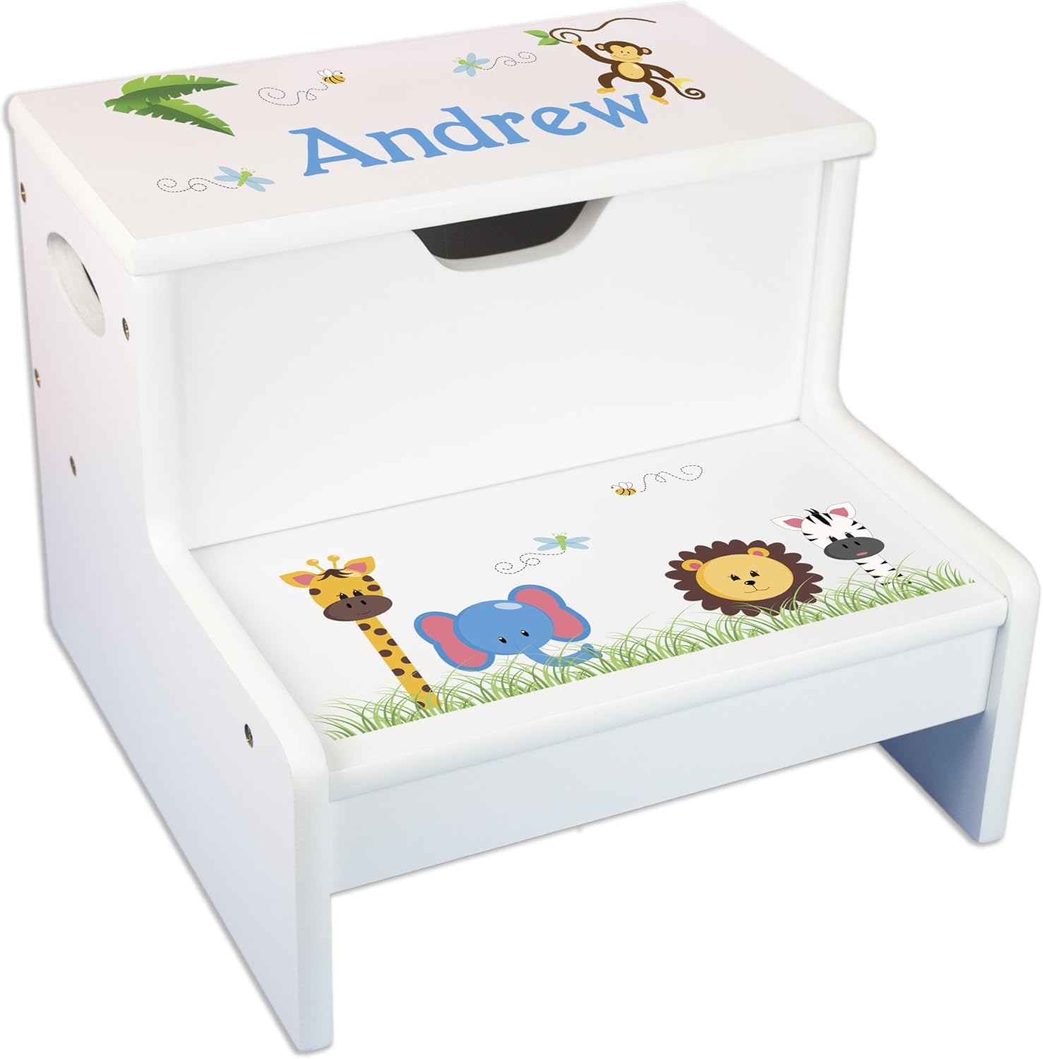 My Bambino Personalized Kids Step Stool | Jungle Animals Storage Step Stool | Custom Name Toddler Bathroom & Kitchen Helper | Great Baby Gift