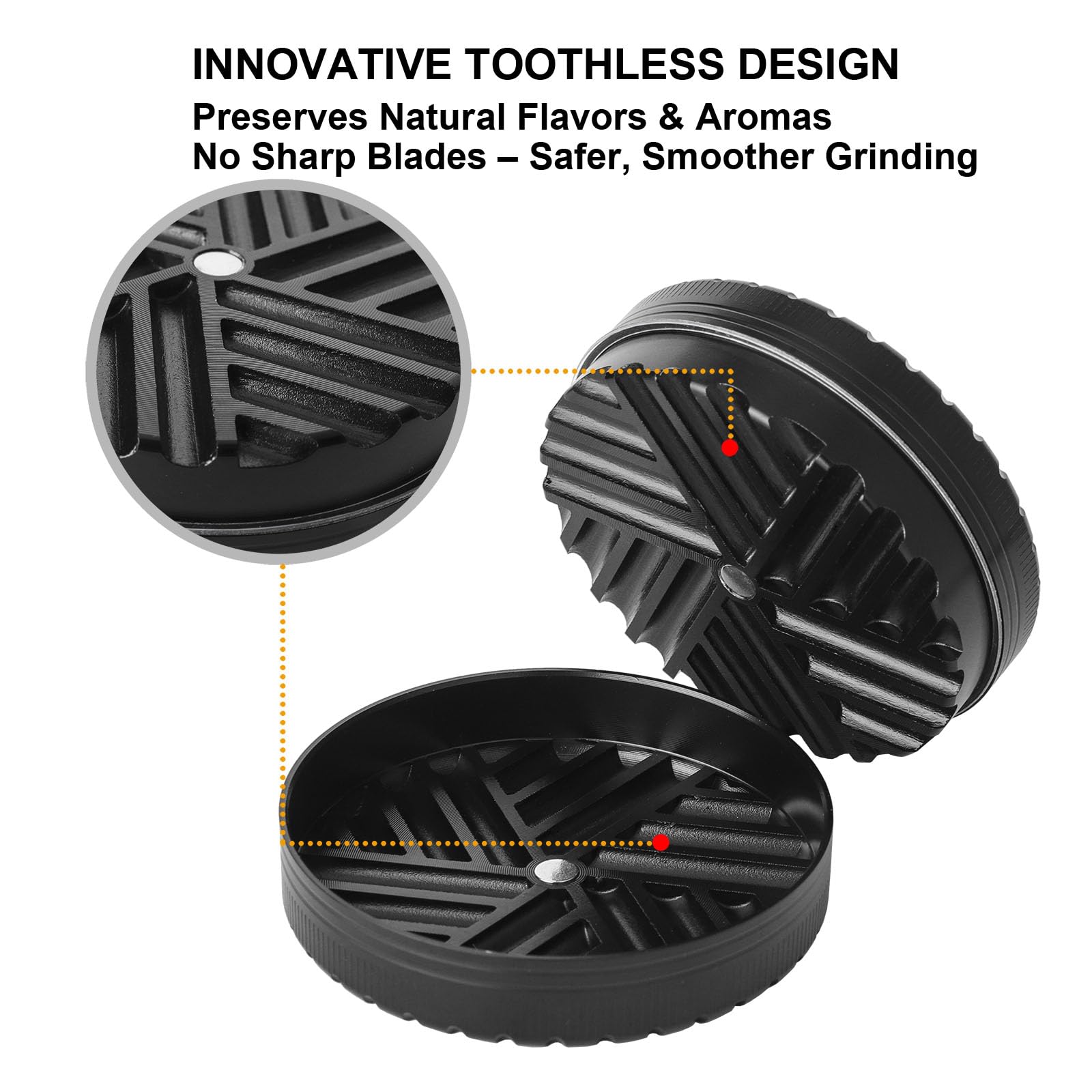 2.5Inch Toothless Herb & Spice Grinder for Kitchen Use-Aluminum Alloy Grinder with Magnetic Lid, Easy to Clean, Compact Design for Spices, Coffee Beans, Dried Herbs-Black