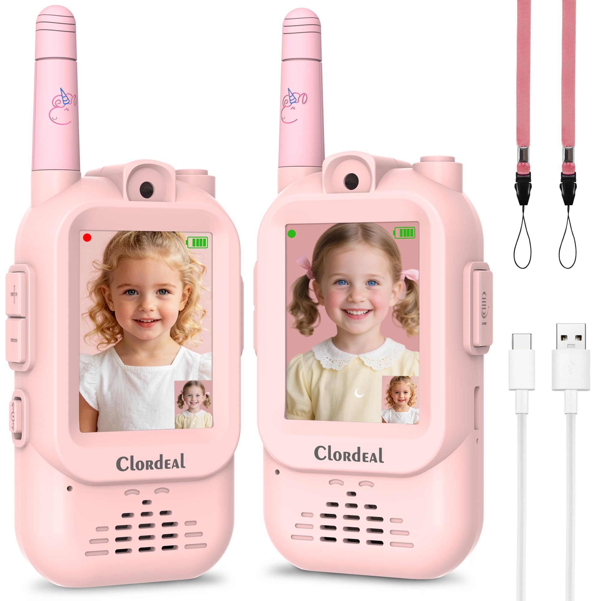 Clordeal Video Walkie Talkie Bambini Lungo Raggio Ricaricabile, Regalo Bambina 3-12 Anni, Videochiamata, 6 Effetti Voce, 23 Emoticon, 12 Adesivi, LCD 2", Rosa, Confezione da 2