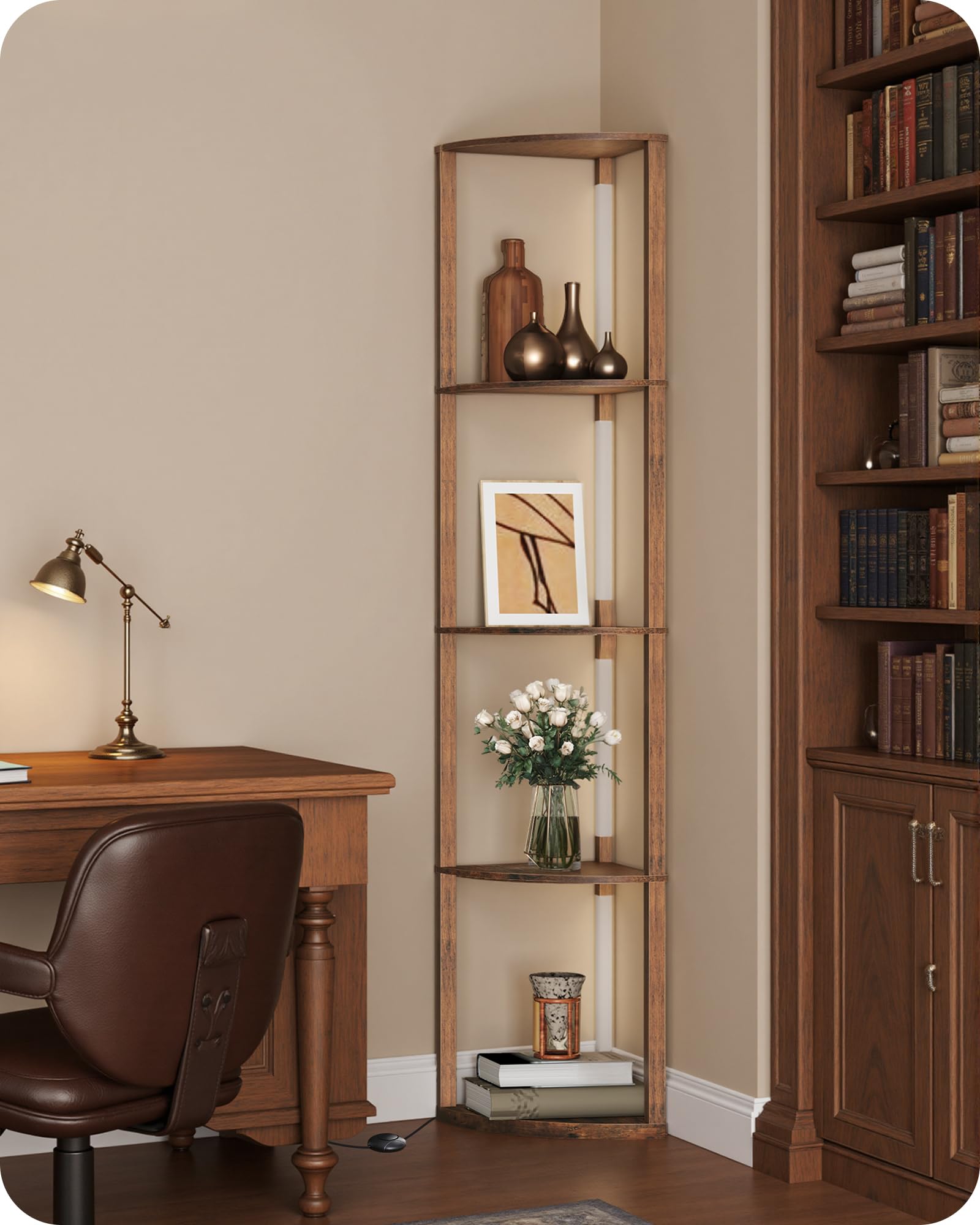 Stehlampe Wohnzimmer mit Regal, Dimmbare Stehleuchte aus Holz, Regalstehleuchte 20W-LED, Retro, 360°drehbarer Lampenständer, für Schlafzimmer, Arbeitszimmer, Büro ZF54LDD05N1