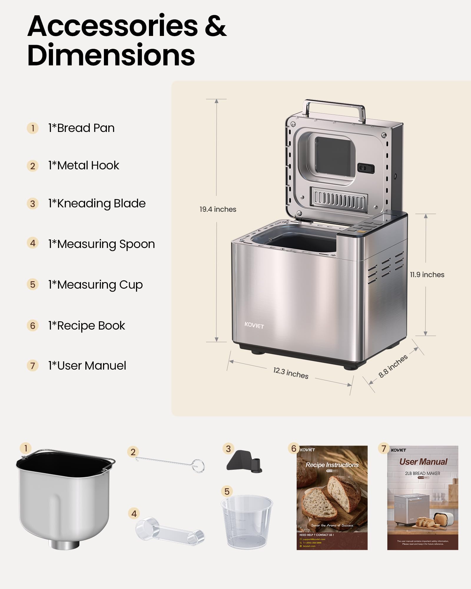 Máquina para hacer pan 25 en 1 con dispensador doble automático, panificadora de acero inoxidable de 2 libras con ajustes sin gluten, masa, mermelada, yogur, etc., color plateado 7