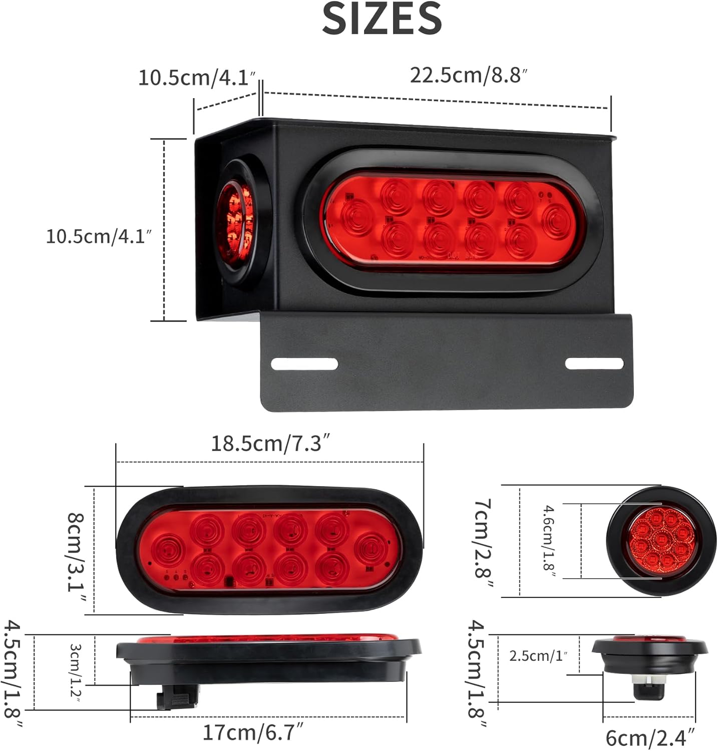 2PCS Steel Trailer Light Boxes Housing Kit with 6-Inch Oval LED Tail Lights (10LED) and 2-Inch Round LED Side Marker Lights (9LED), Grommets & Wire Connectors Included (RED+RED)