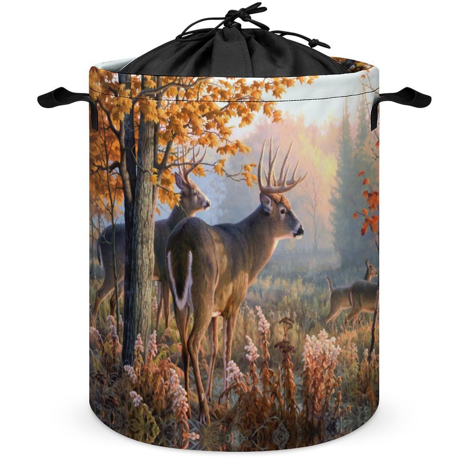 Qjjinxior Drawstring Laundry Hamper, Hunting Deer Family Laundry Basket, Washing Basket with Handle