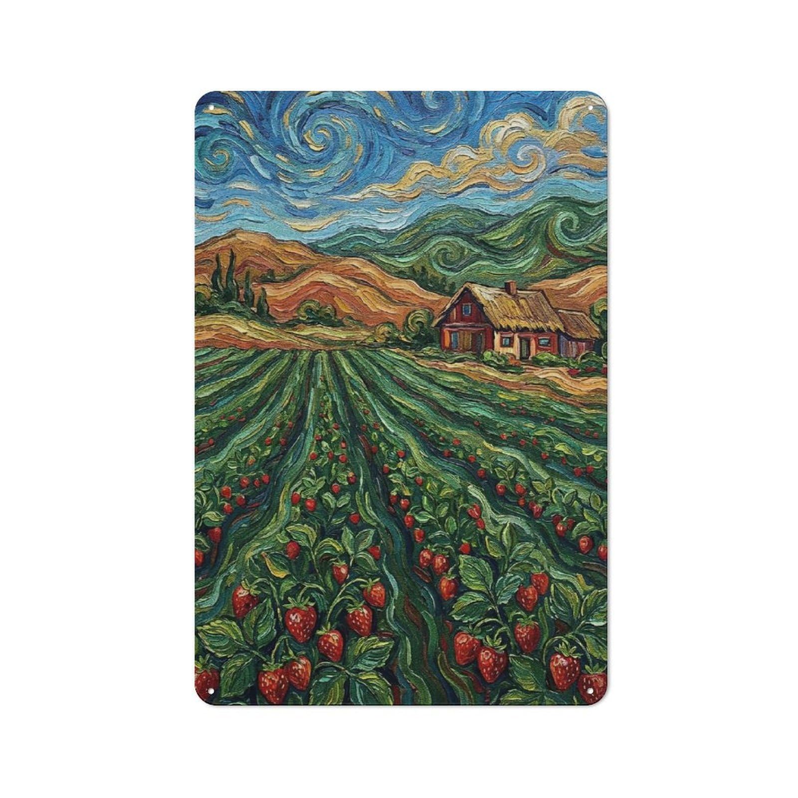 Junmoney Style-19 Tin Wall Plaque 30X20cm With Strawberry Field Painting For Café Or Restaurant, Housewarming Present For People Styling Café And Restaurant