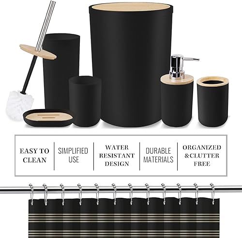 Miniatura 3 de Juego de accesorios de baño  Juego de 19 piezas de baño negro con cortina de ducha, basura, soporte para cepillo de inodoro y dispensador