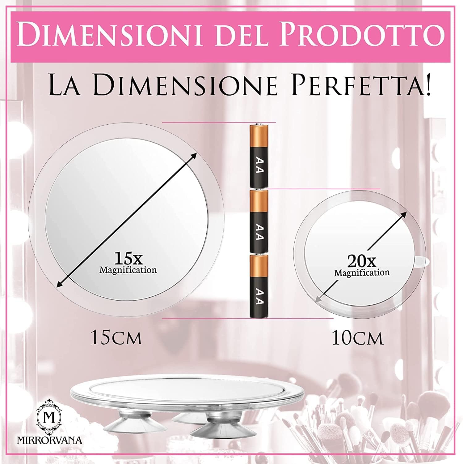 Mirrorvana Specchio Ingranditore 15X e 20X con Ventosa - Specchio Trucco Ingranditore Senza Luce - Specchio Ingrandente per Truccarsi - 15cm e 10cm (Grande) - 20x e 15x
