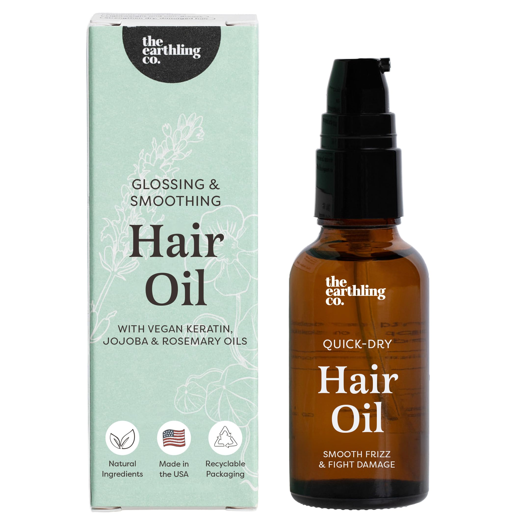The Earthling Co. Glass Hair Oil for High Shine, Moisture, Breakage Repair & Split Ends – Strengthening Keratin Protein Treatment, Anti-Frizz Hair Serum for Dry Damaged Hair (Floral Scent, 1 oz)