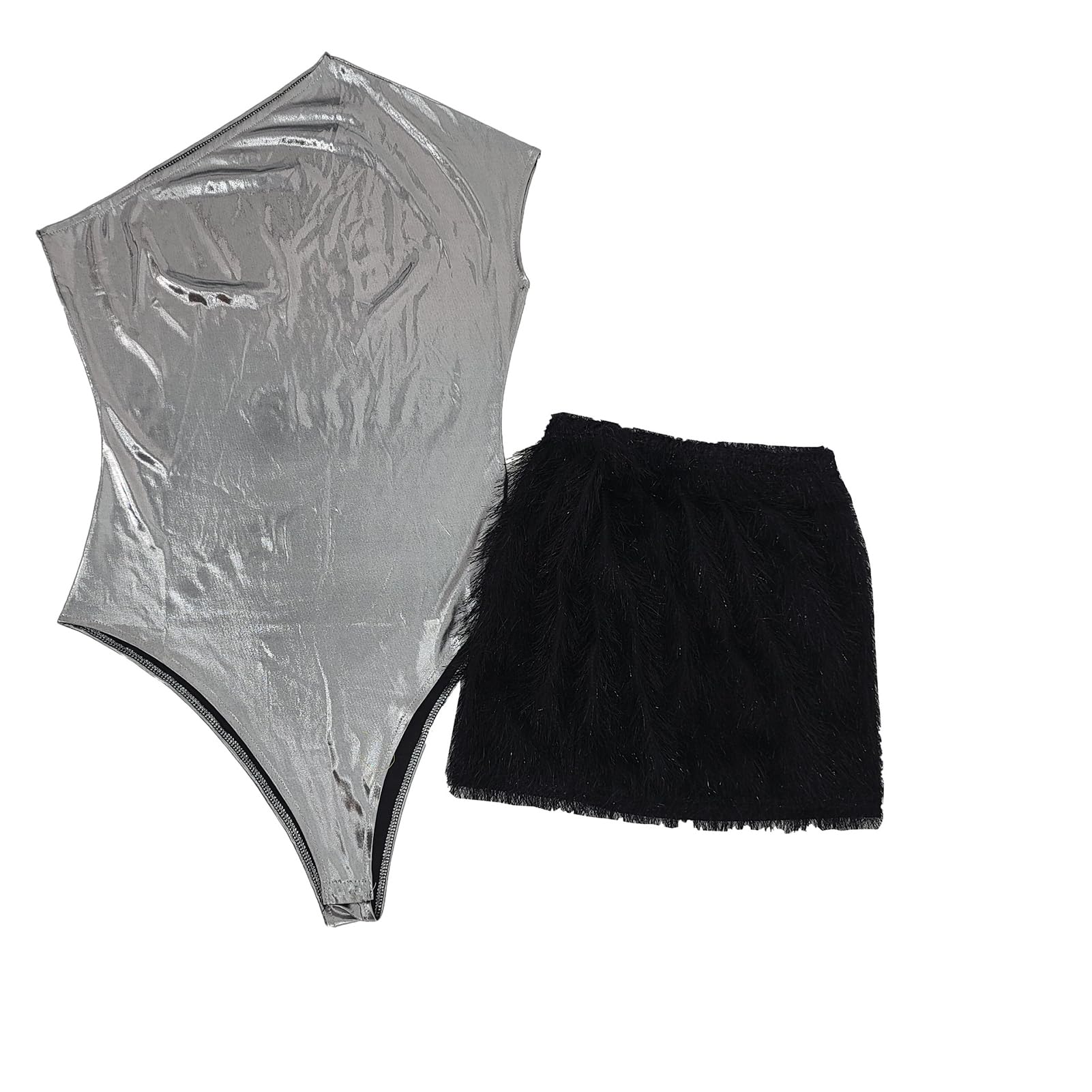 Uni Clau Vestido corto sexy de piel sintética con un hombro descubierto para mujer, con lentejuelas, sin mangas, ajustado, para fiesta o club
