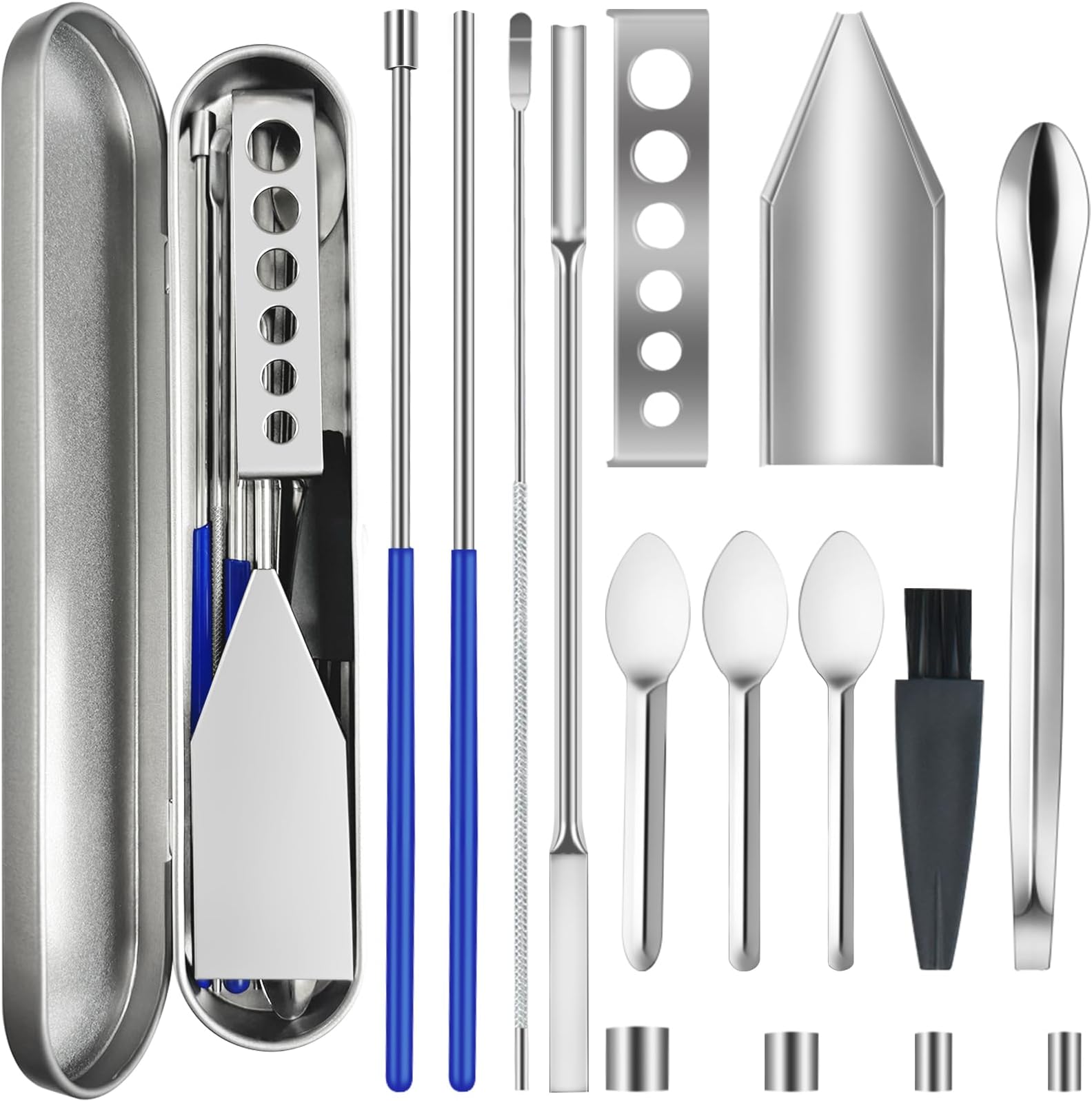 Artcome 15 PCS Versatile Capsule Filling Tool Kit for Pill Filler - Lab Scoops, Powder Pan, Herb Tamper and Capsule Holder - Ideal Tools for Medication and Supplements - All Sizes 000 00 0 1 2 3 4 5