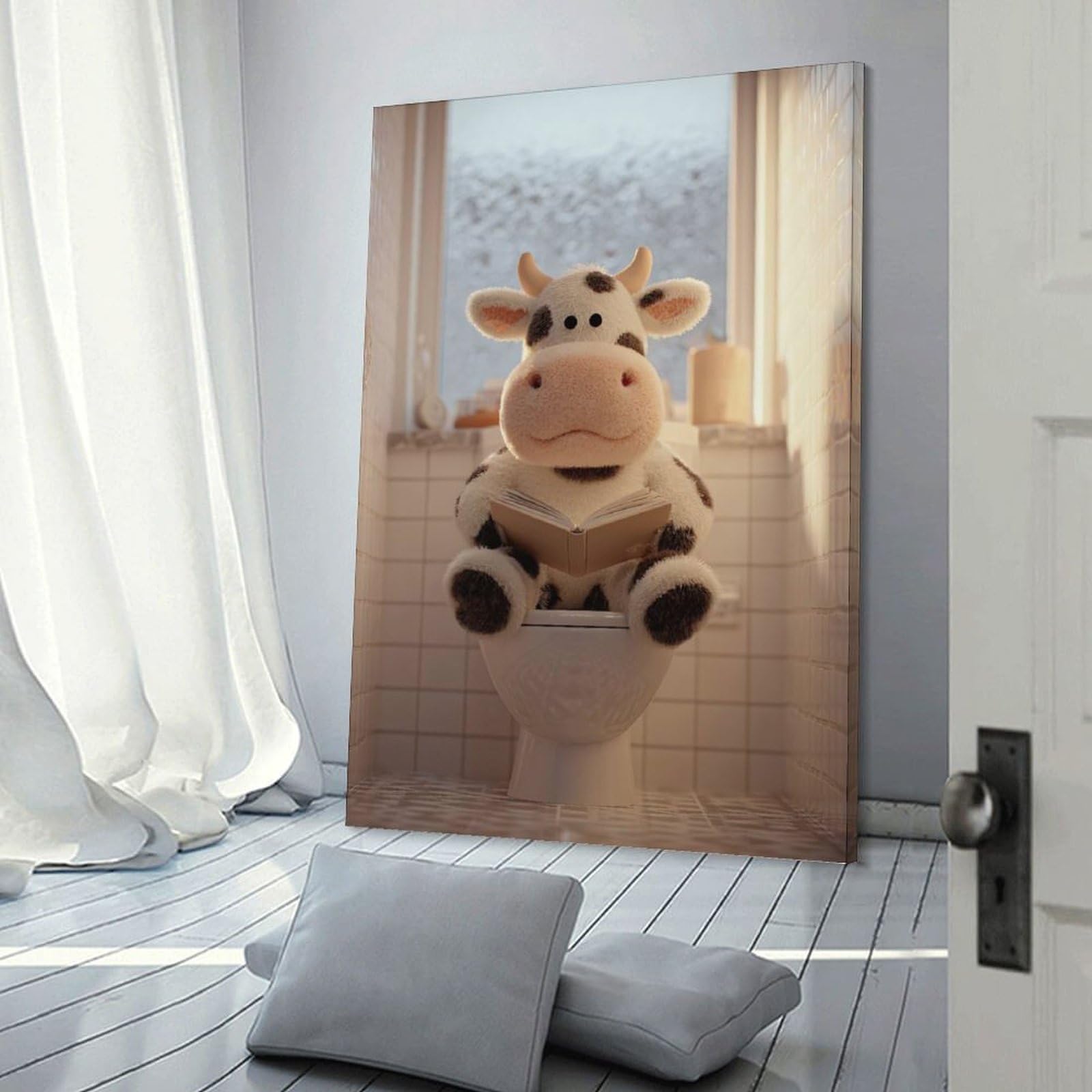 Junmoney Cow Reading on Toilet Hanging Wall Art 24x36inch(60x90cm), for Small Homes, Bedrooms Or Open Spaces, An Easy Choice for New Home Styling