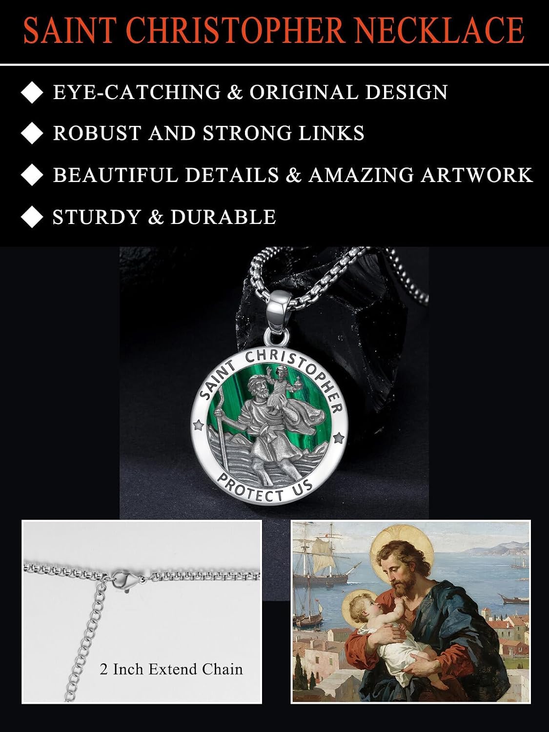 Seiyang Saint Necklace 925 Sterling Silver Patron Amulet Medal Jewelry for Men Women (with Gift Box)