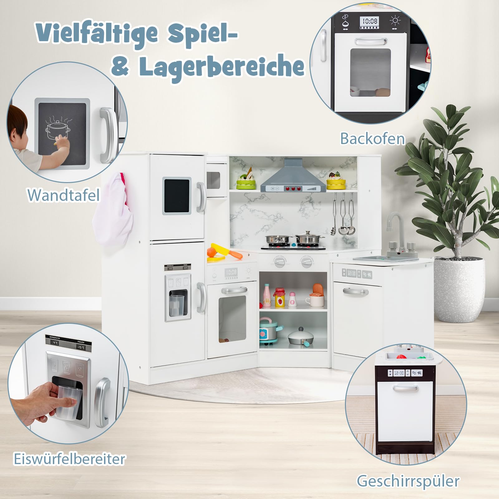 DREAMADE Kinderküche aus Holz mit 16 TLG. Spielzubehör, Kinder Küche Eckküche mit Tafel Herd Spüle Backofen, Spielküche mit Licht und Sound für Kinder Mädchen ab 3 Jahren(Weiß)