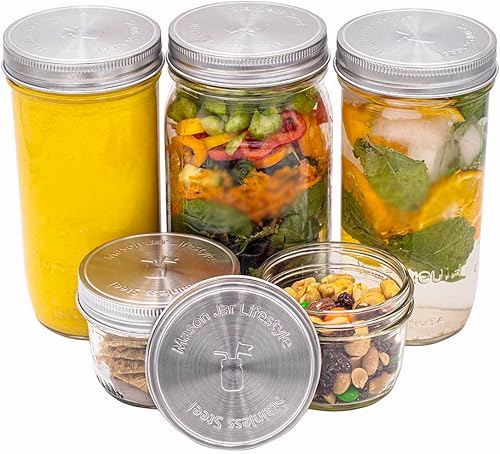 Miniatura 10 de Mason Jar Lifestyle Tapas de almacenamiento de acero inoxidable a prueba de óxido con sellos de silicona (paquete de 5, boca regular)