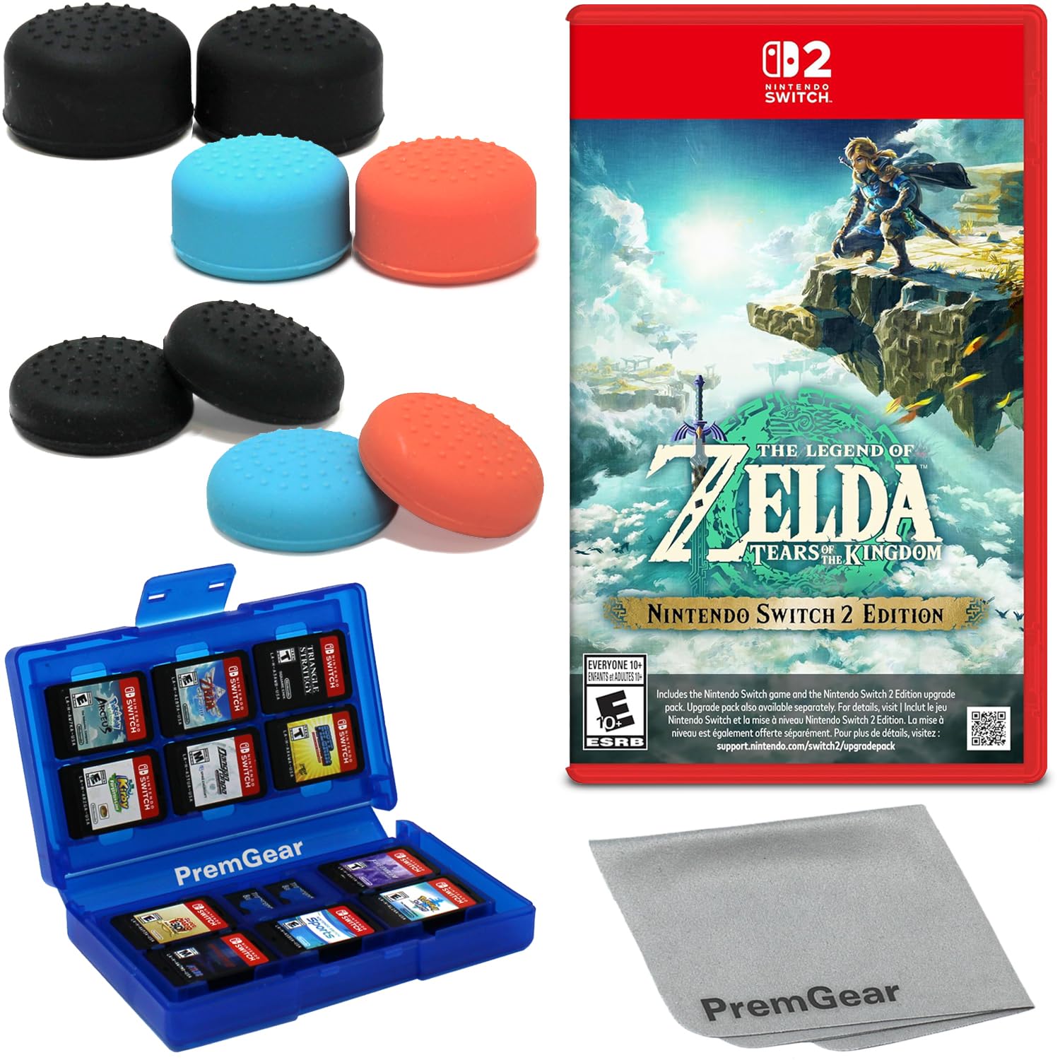 The Legend of Zelda: Tears of the Kingdom for Nintendo Switch 2 Edition (US Version), with PremGear Thumb Grips (8 pack, 3 colors, 2 Heights - 3mm, 7mm), 24 Slot Game Card Holder & Cleaning Cloth