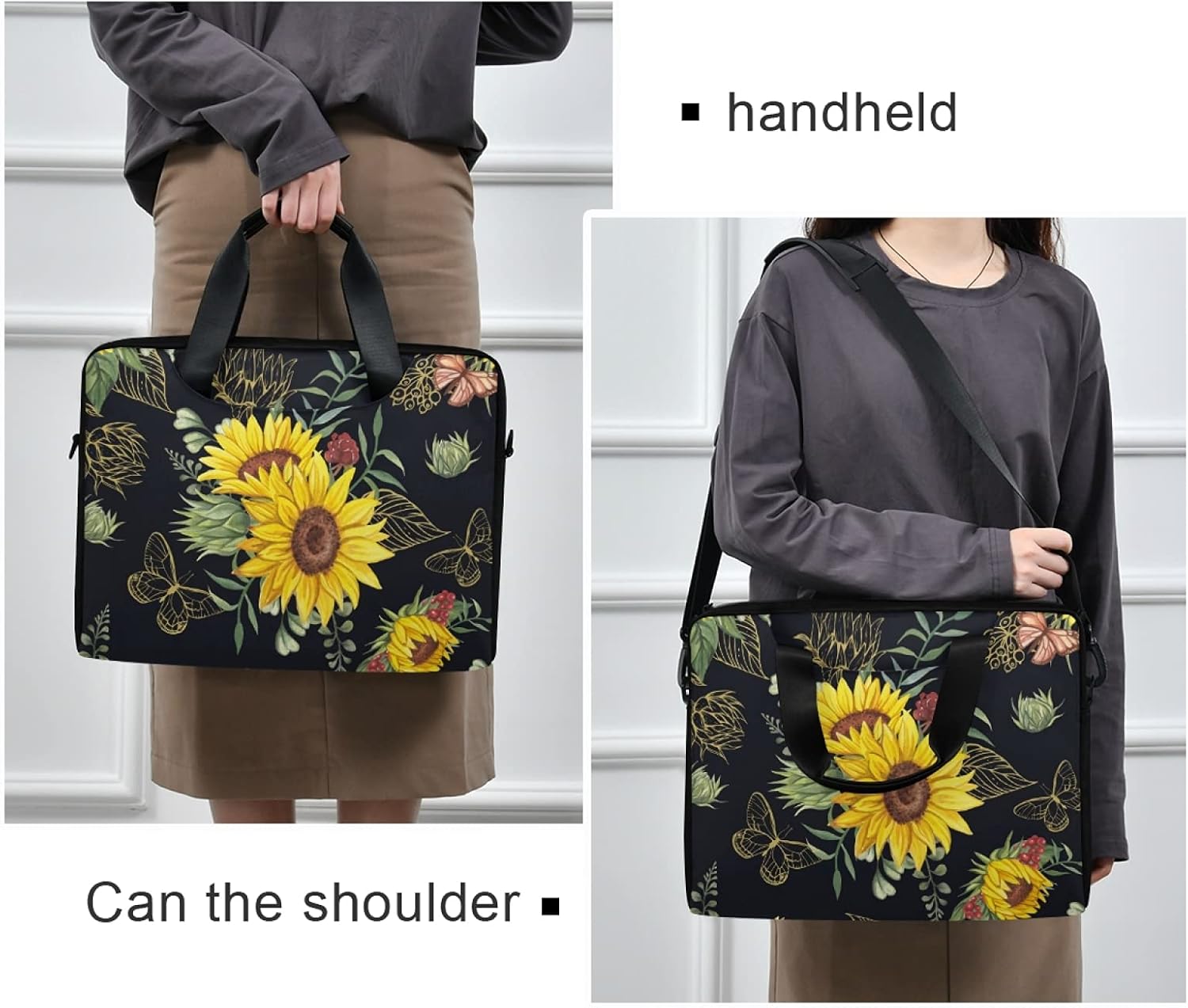 Gold Butterflies And Sunflower Laptop Bag Case 13 14 15.6 inch Laptop Messenger Bag Crossbody Briefcase for Men Women with Shoulder Strap Handle