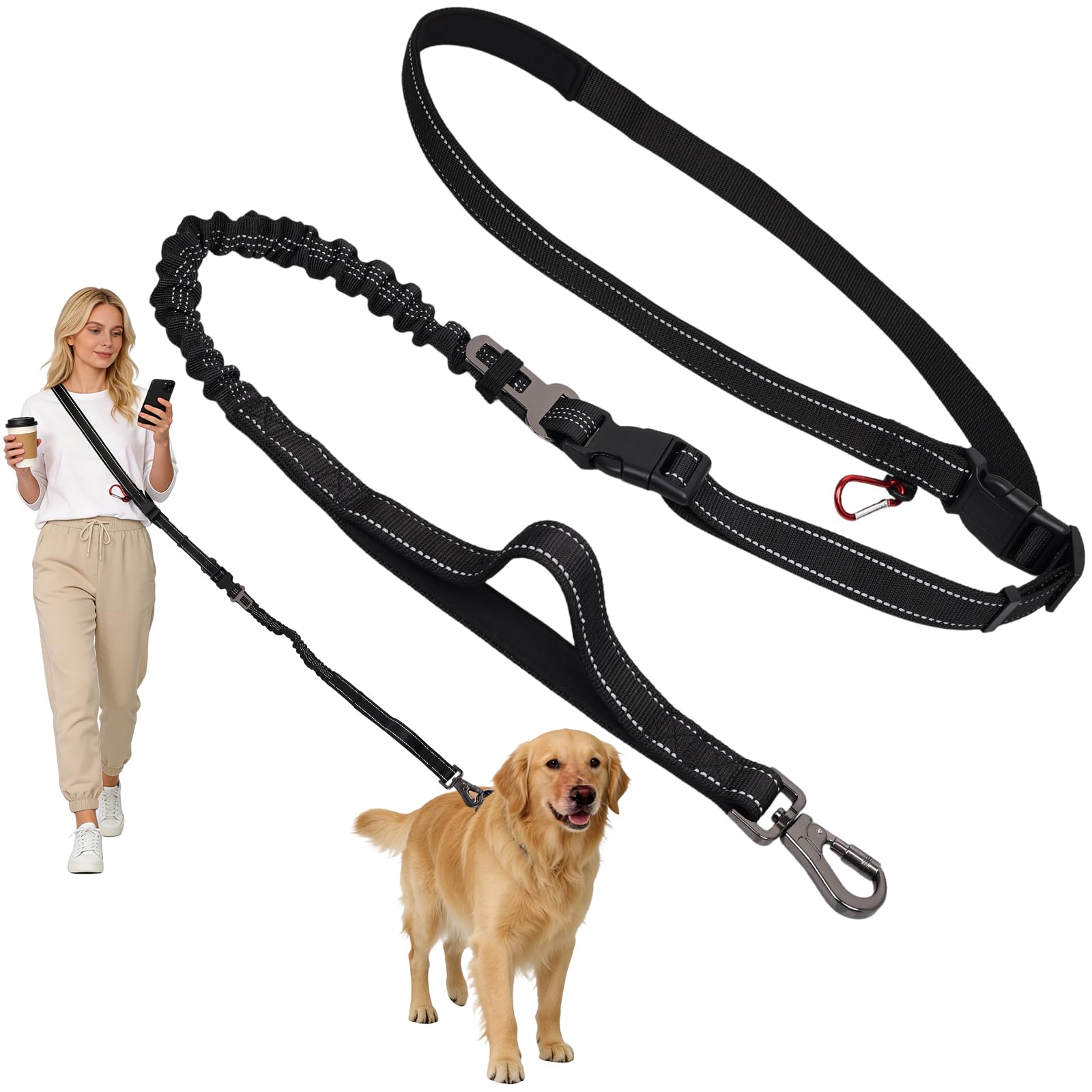 Correa para perros manos libres para hombro y cuerpo (1,4 – 1,95 m) con cómodas asas dobles y mosquetón de seguridad ajustable – perfecto para perros medianos y grandes coches. Ideal para senderismo y