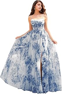 Floral Tulle Corset Prom Dresses for Women 2025 Cowl Neck A-Line Formal Evening Gowns with Slit - Buy now