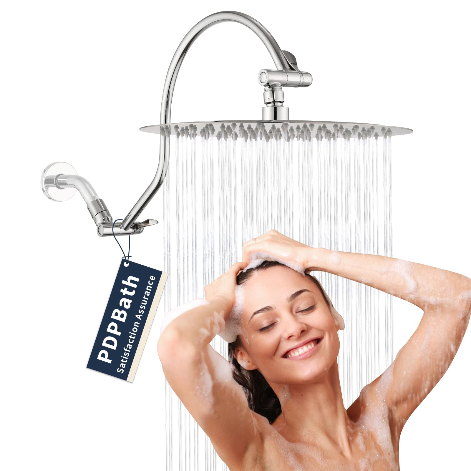 PDPBath 12" Rain Shower Head with 16" Adjustable Height&Distance