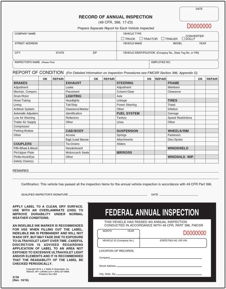 J. J. Keller 50Pack, Record of Annual Inspection Form