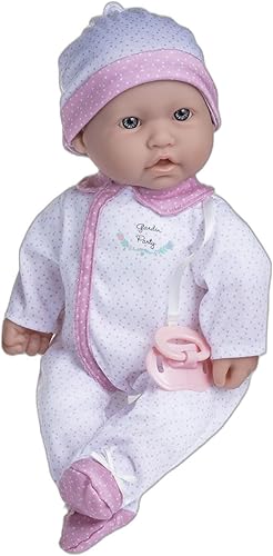 JC Toys La Baby - Muñeca bebé caucásica de 16 pulgadas con cuerpo suave pequeño, lavable, atuendo blanco y rosa extraíble con sombrero, chupete y