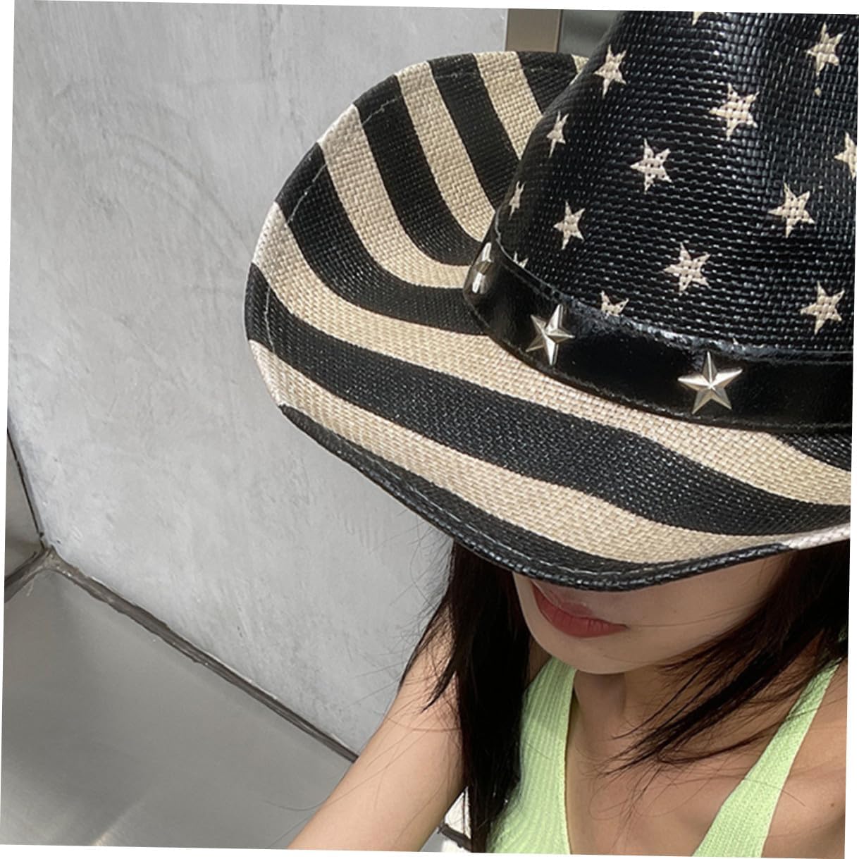 American Flag Cowboy Hat Straw Western Summer Hat Unisex 4th of July Patriotic Headwear for Men and Women Black