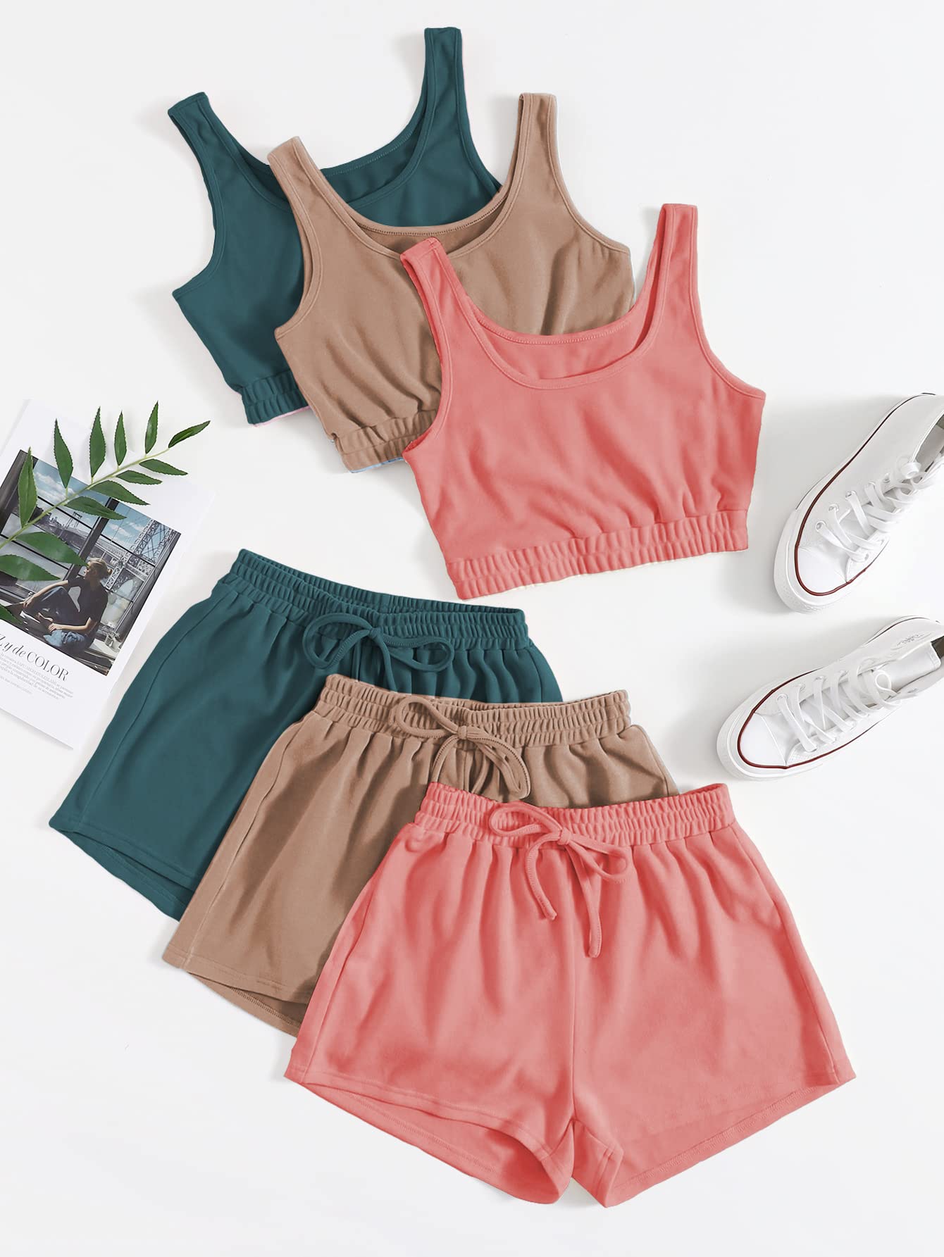 GORGLITTER Women's 6 Pieces Going Out Outfits Cute Crop Tank Top and Shorts Sets Summer Vacation Beach Cruise Clothes: X-Large Blue Brown Pink