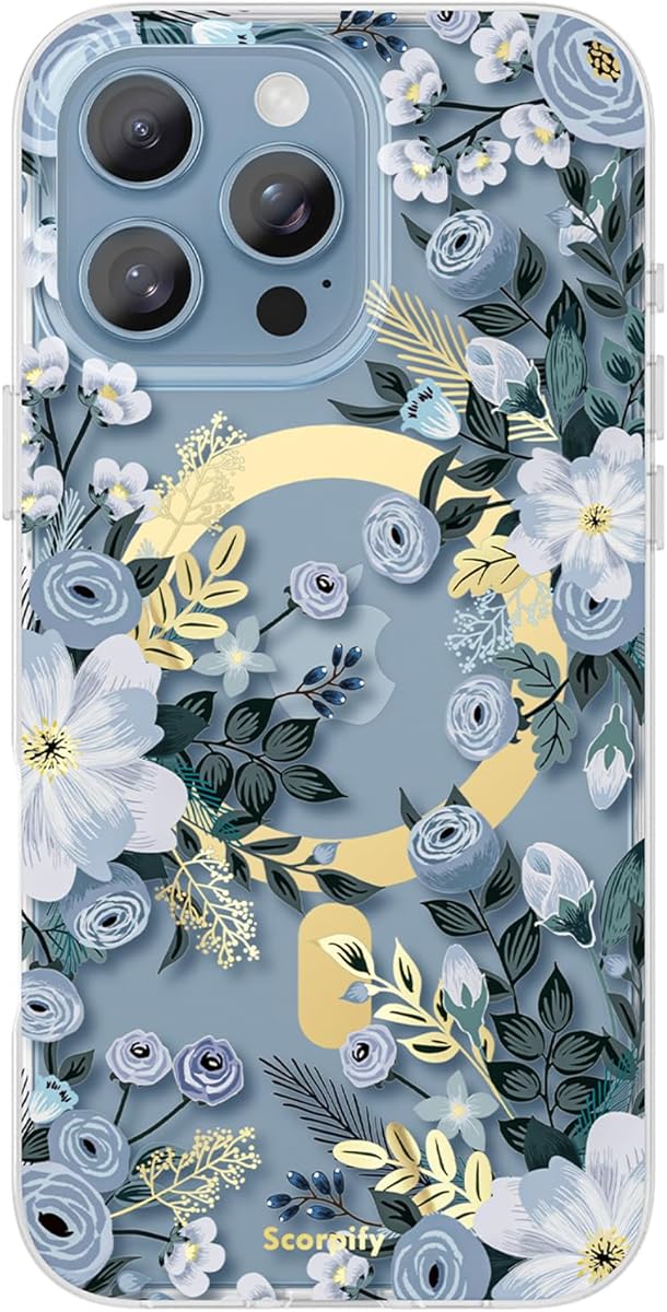 SCORPIFY for iPhone 16 Pro Case [Compatible with MagSafe] with Blue Nemophila Floral Design, Cute Clear Flower Magnetic Phone Cover for Women Girls, [Non Yellowing] Slim Bumper with Gold Accents