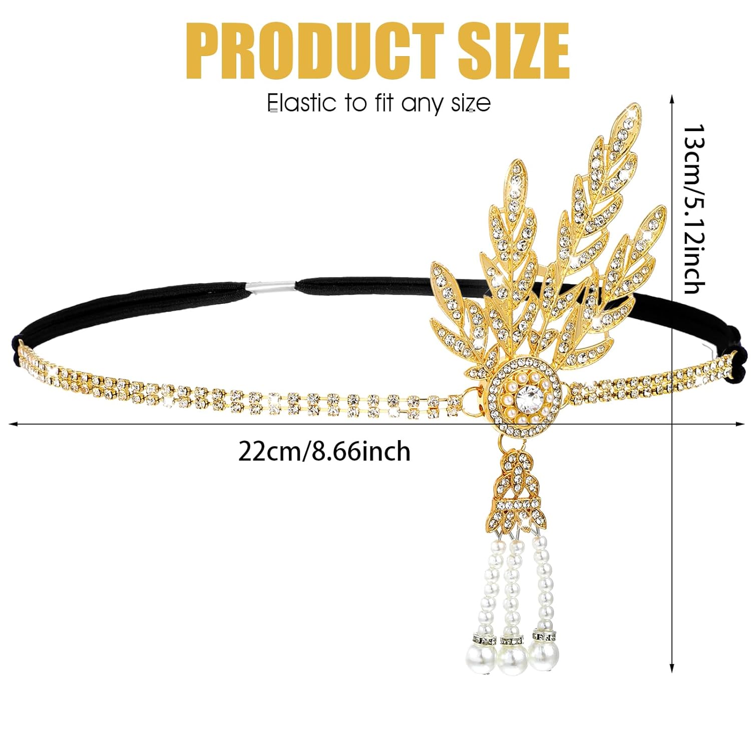Yolev 1920's Flapper Headband Leaf Rhiestones Flapper Headpiece Pearl Tassel Head Bands Gold Headpiece Head Jewelry for Women Bride Wedding Parties Hair Accessories - Image 3
