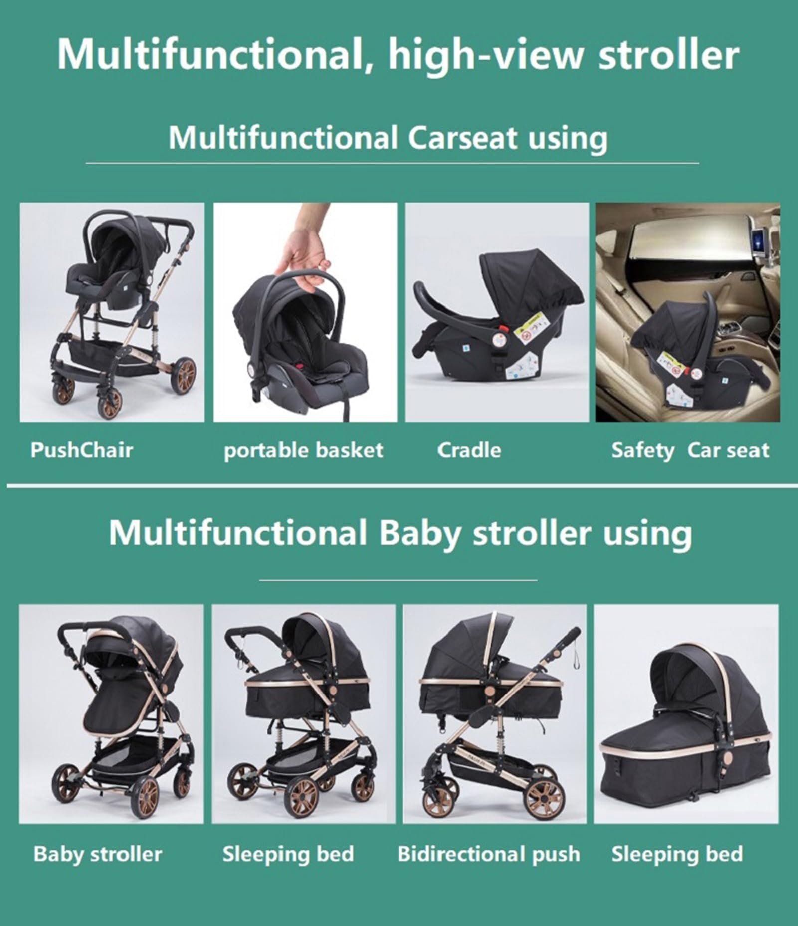 Magic ZC Kinderwagen 3 in 1 Kombikinderwagen Komplettset mit Umkehrbarem Schub Buggy Faltbarem One-Click-Design Beige