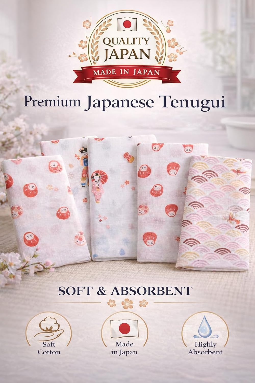 Japanese Gauze Tenugui Towel – 100% Cotton Made in Japan – Quick Dry, Soft & Lightweight Kitchen Tea Towel, Face & Hand Towel for Travel (1, Flowing Water Cherry Blossom Pattern Blue, Medium)