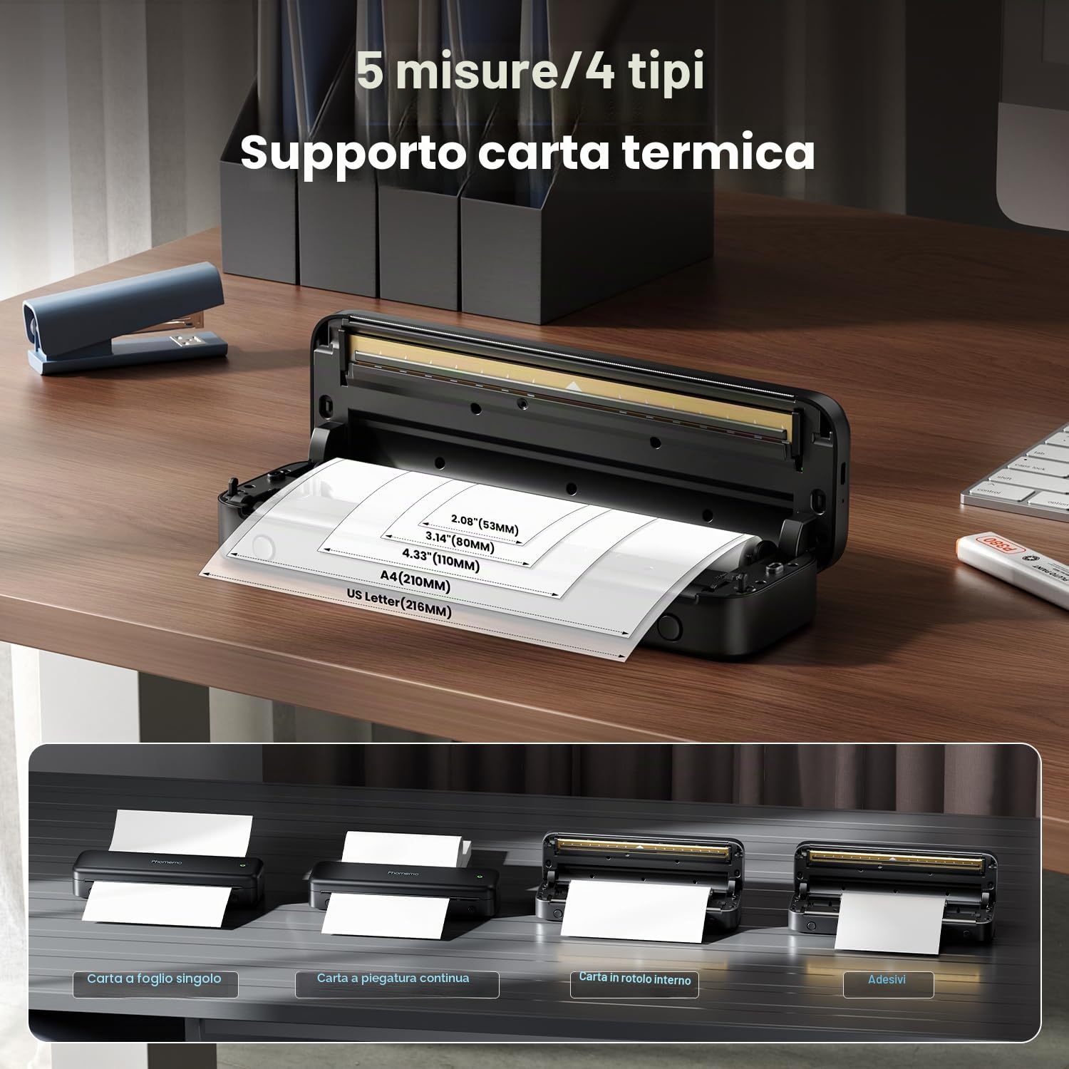 Phomemo M834 Stampante Termica Portatile A4 Bluetooth USB Nero con Custodia e 4 Rotoli Carta