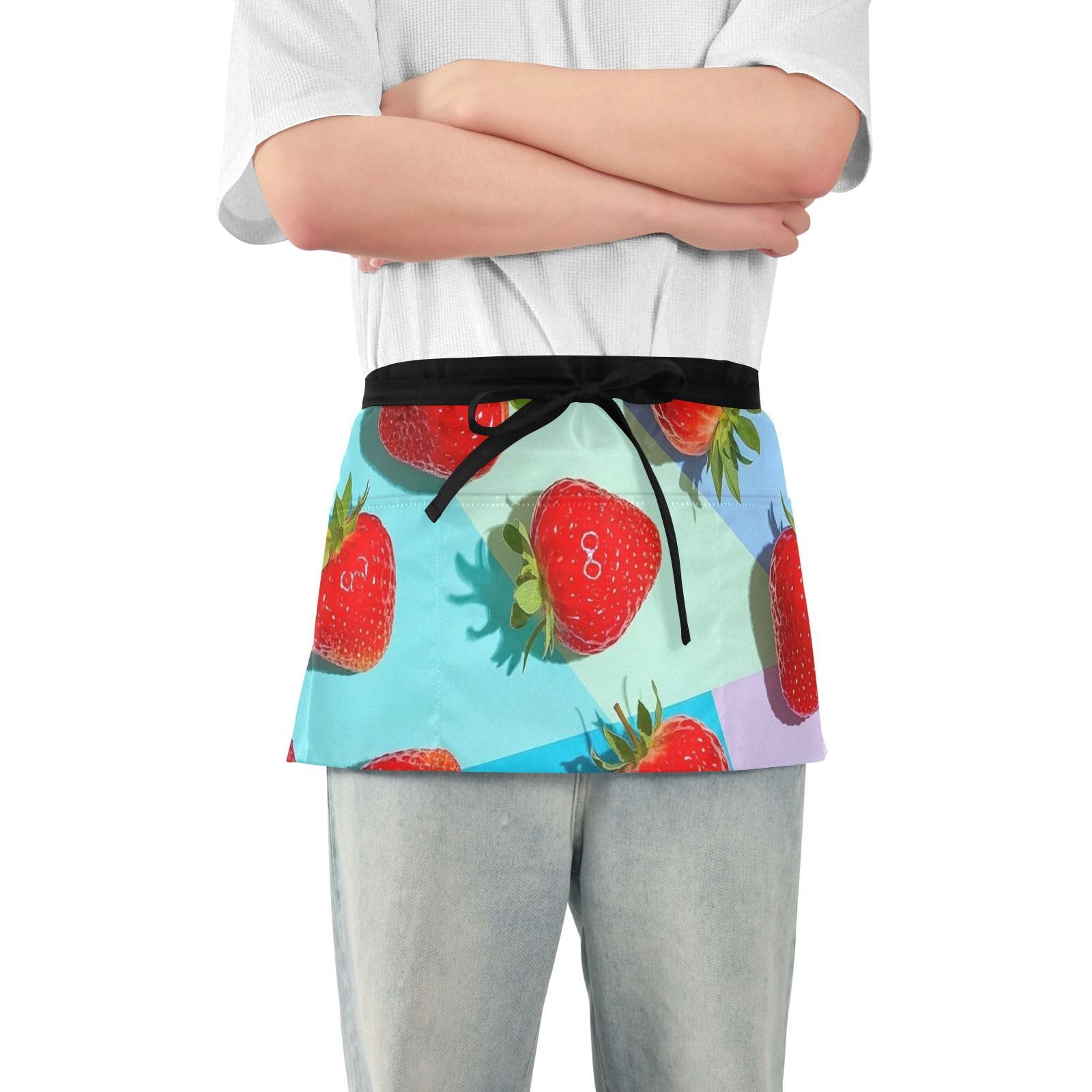 FASHON&FASCIN Server Apron with Pockets Waist Aprons Half Waitress Apron Strawberry Design for Gardening Restaurant,Multi4