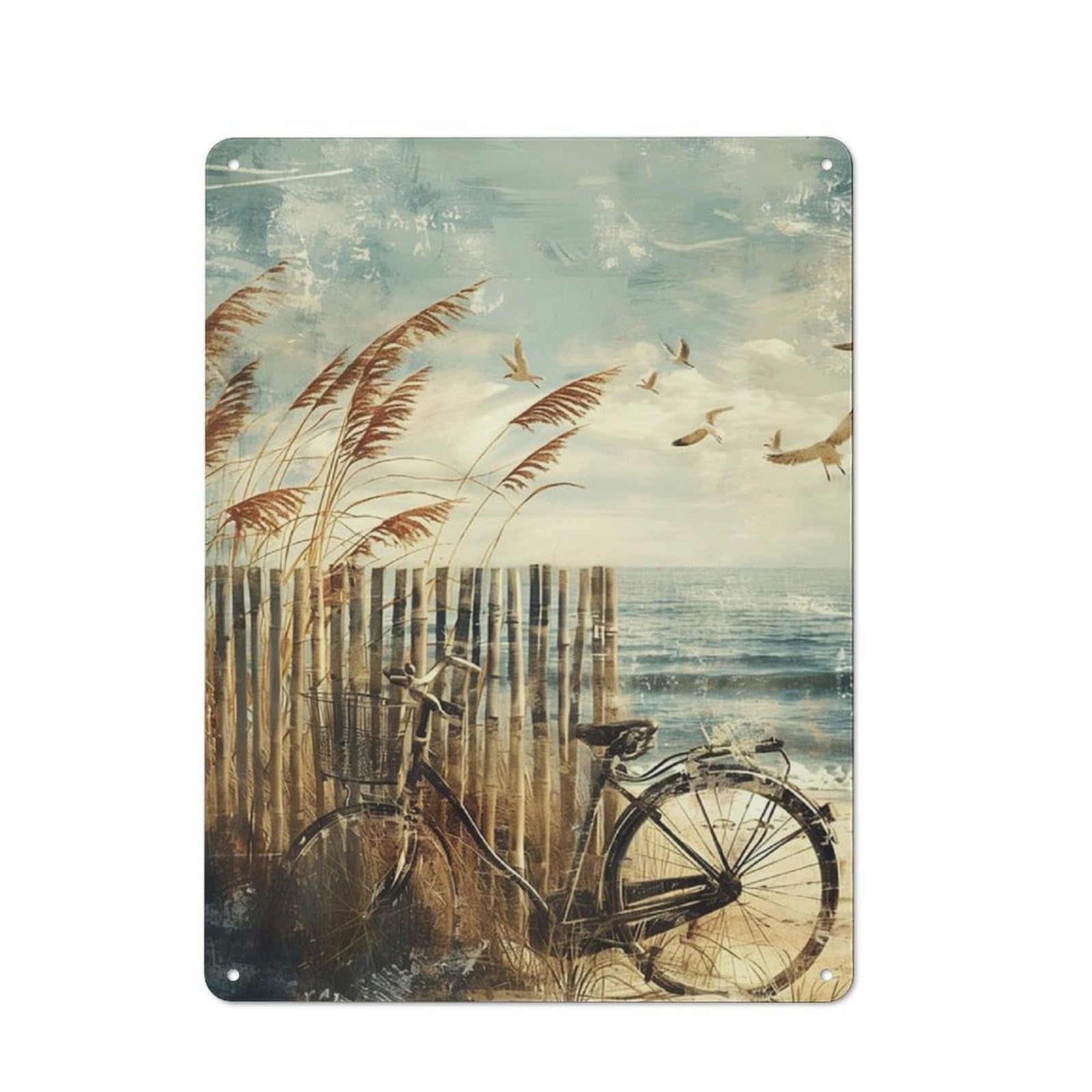 Rustic Metal Tin Sign Bathroom Decor Wall Art Blue Beach Picture Ocean Theme Flower Print Coastal Seascape Painting Seaside Artwork Floral Daisy In Indian Vase For Home Sea Lake Bedroom 12x16 Inch